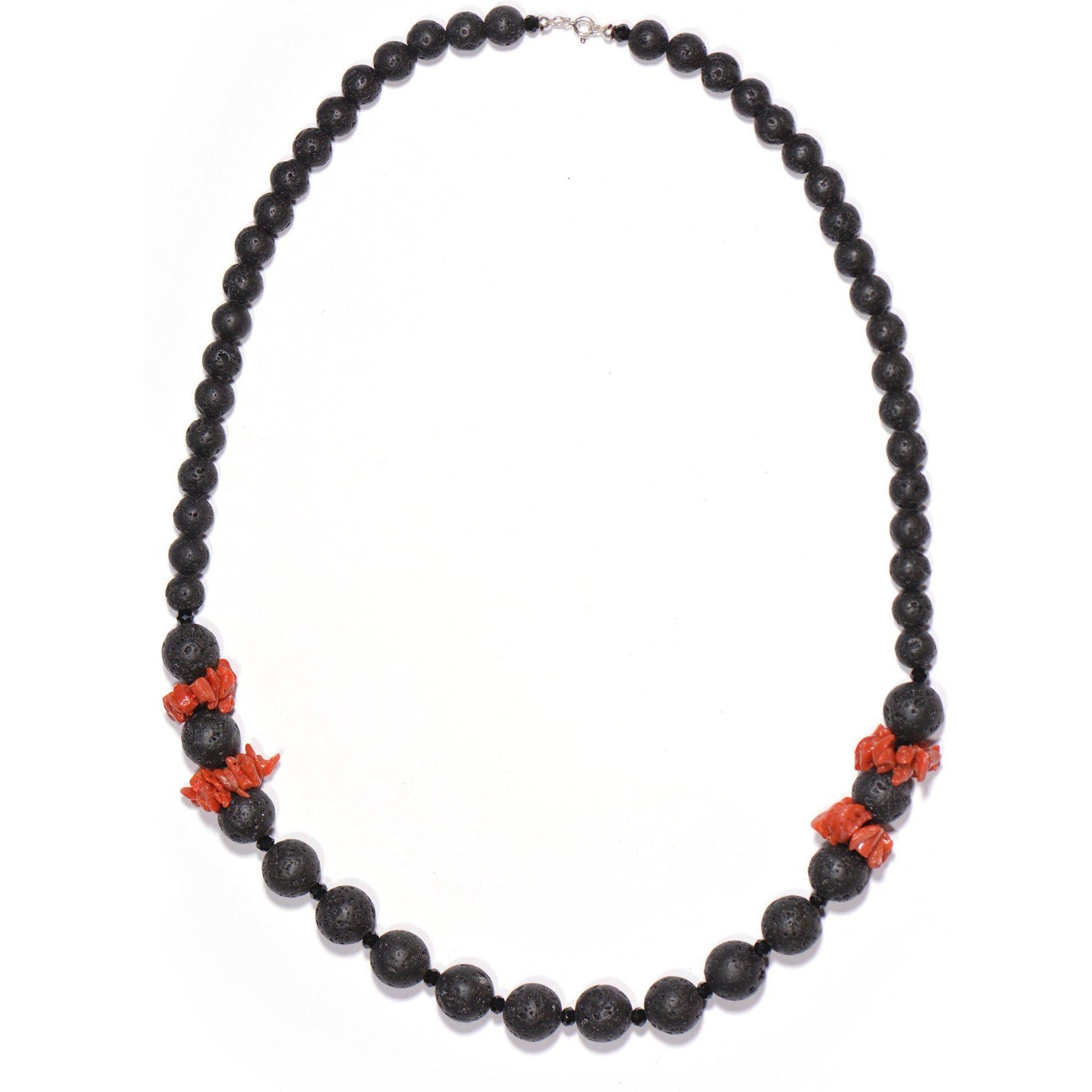 Necklace with Lava Stone, Red Coral and Onyx