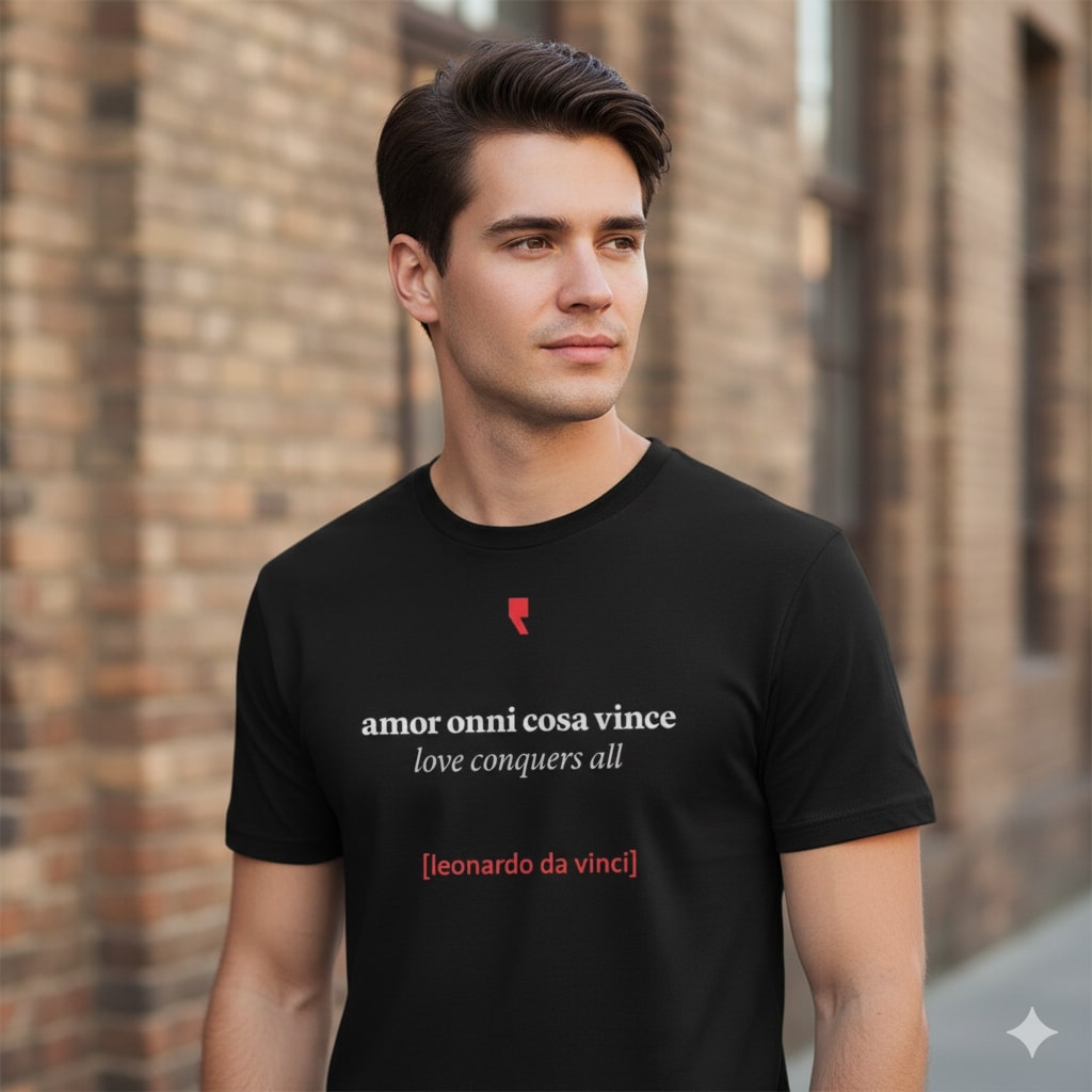 T-shirt minimalista ispirata a Leonardo da Vinci, con grafica semplice in stile rinascimentale.