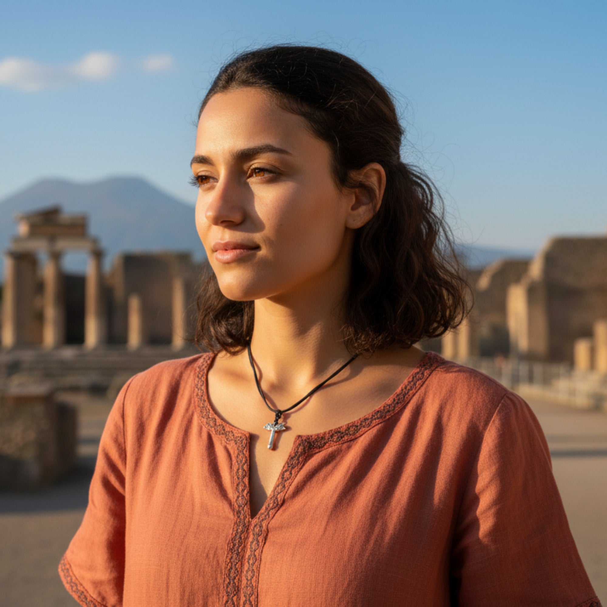 Fabric thread necklace with large winged phallus from Pompeii - 925 silver