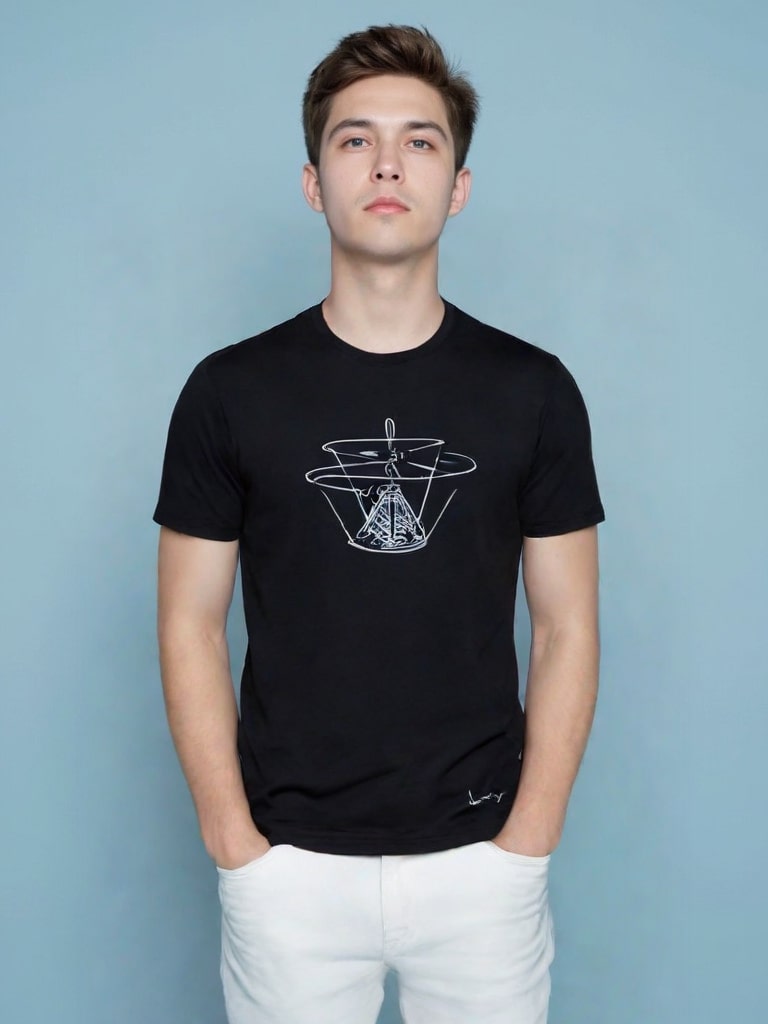 T-shirt nera con disegno della Macchina Volante di Da Vinci.