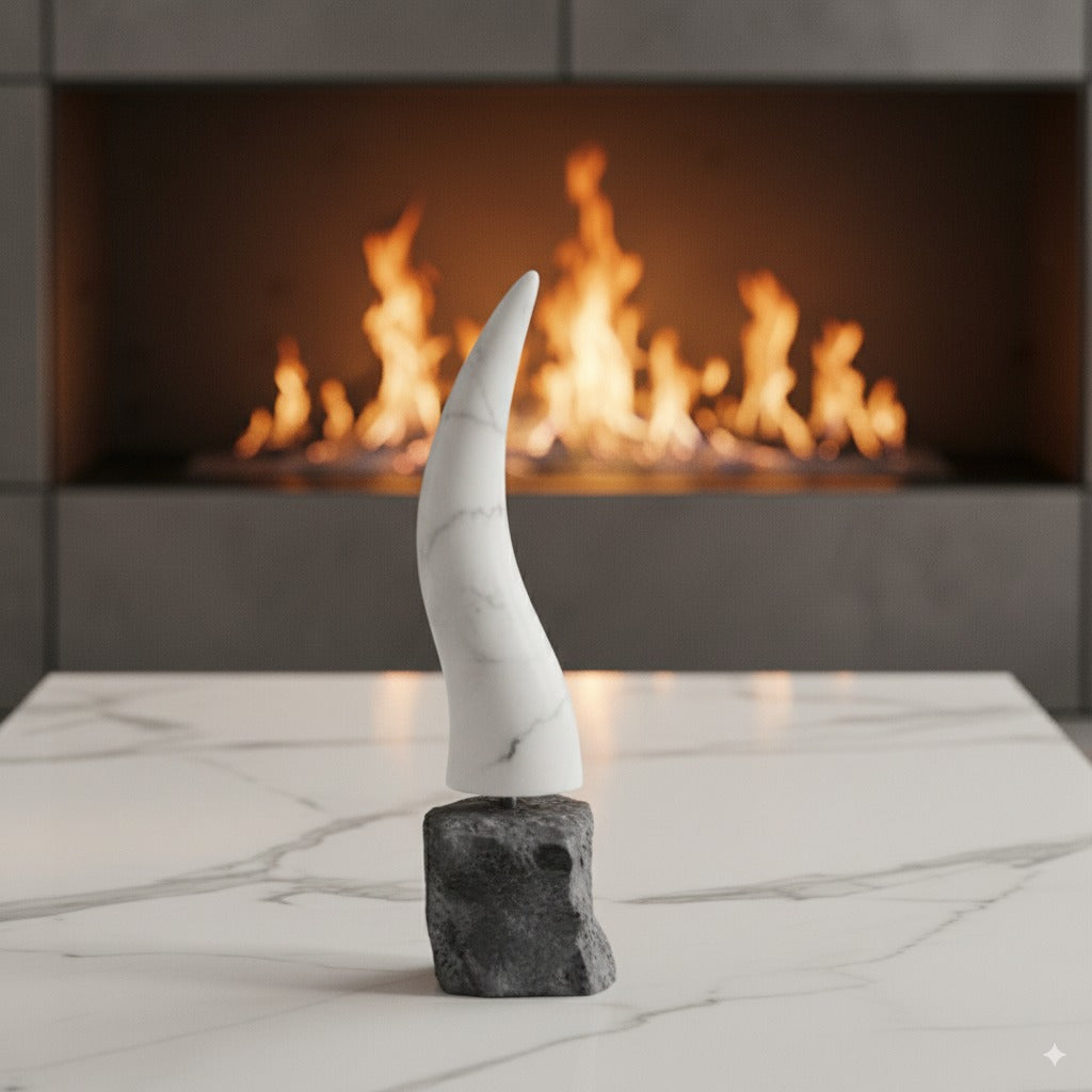 Neapolitan Superstitious Horn in Carrara Marble 29 cm with Base in Lava Basalt – Design Amulet Made in Italy