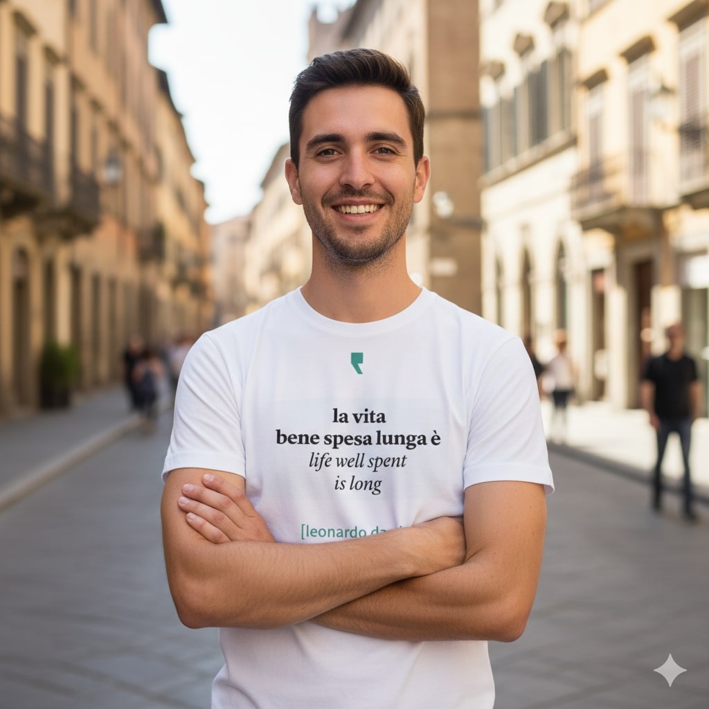 T-shirt minimalista ispirata a Leonardo da Vinci, con grafica semplice in stile rinascimentale.