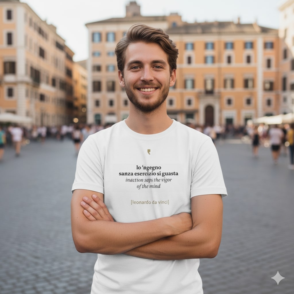 T-shirt minimalista ispirata a Leonardo da Vinci, con grafica semplice in stile rinascimentale.
