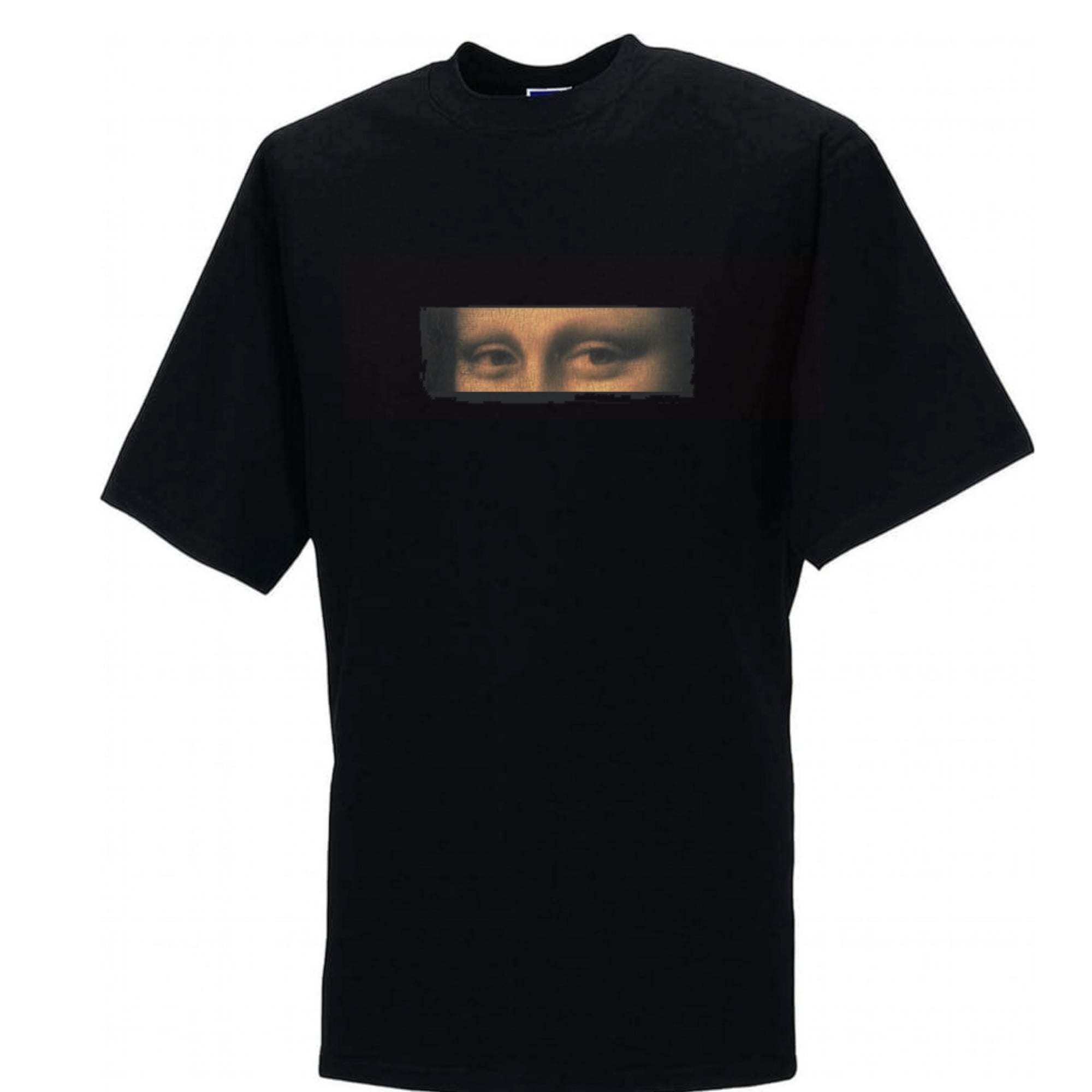 T-shirt nera con occhi della Monna Lisa e autografo di Da Vinci.