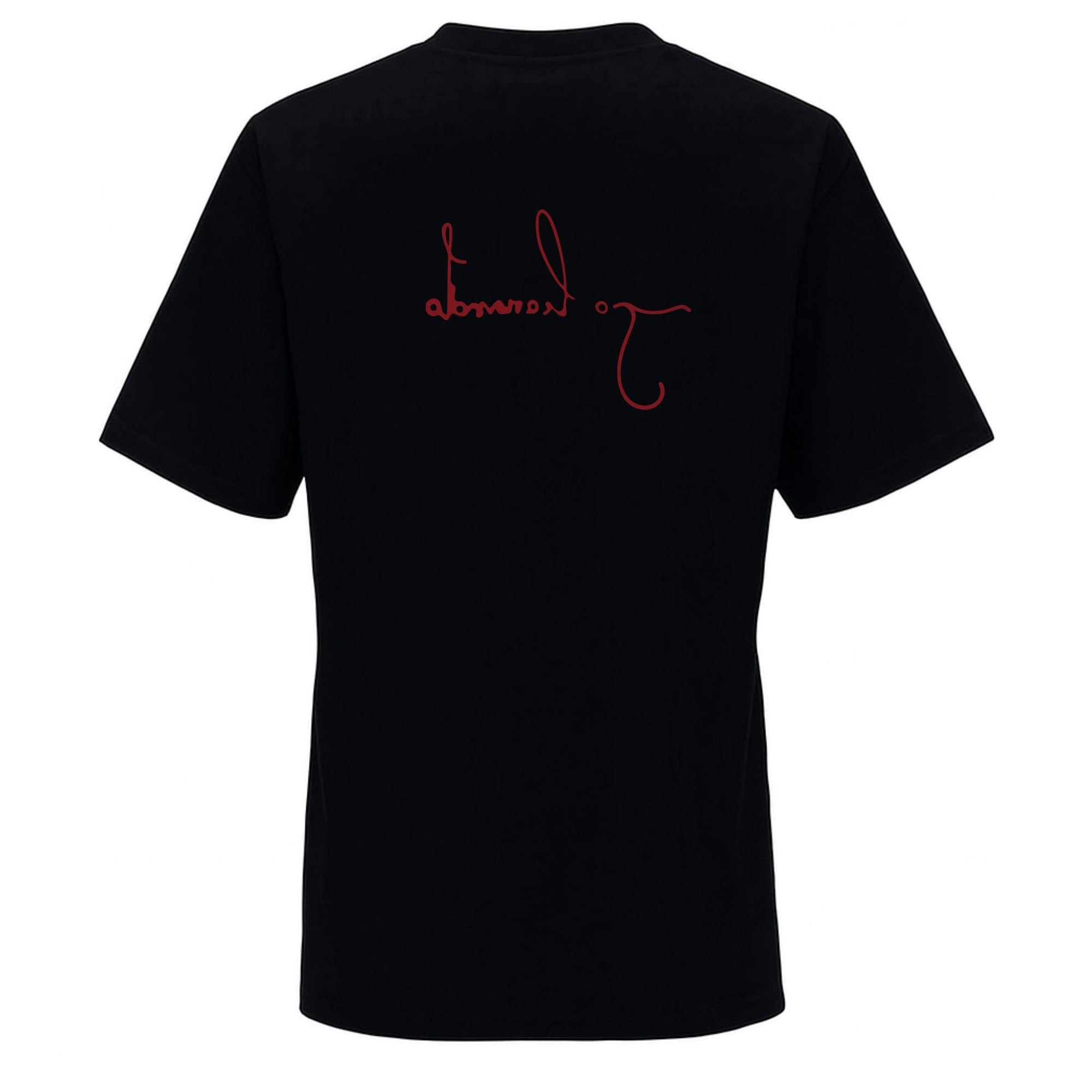 T-shirt nera con occhi della Monna Lisa e autografo di Da Vinci.