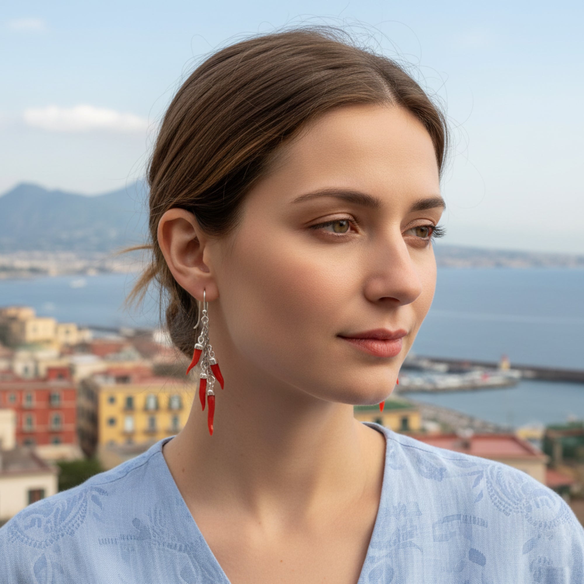 Pendientes Cuerno de la Suerte - Coral Rojo y Plata 925