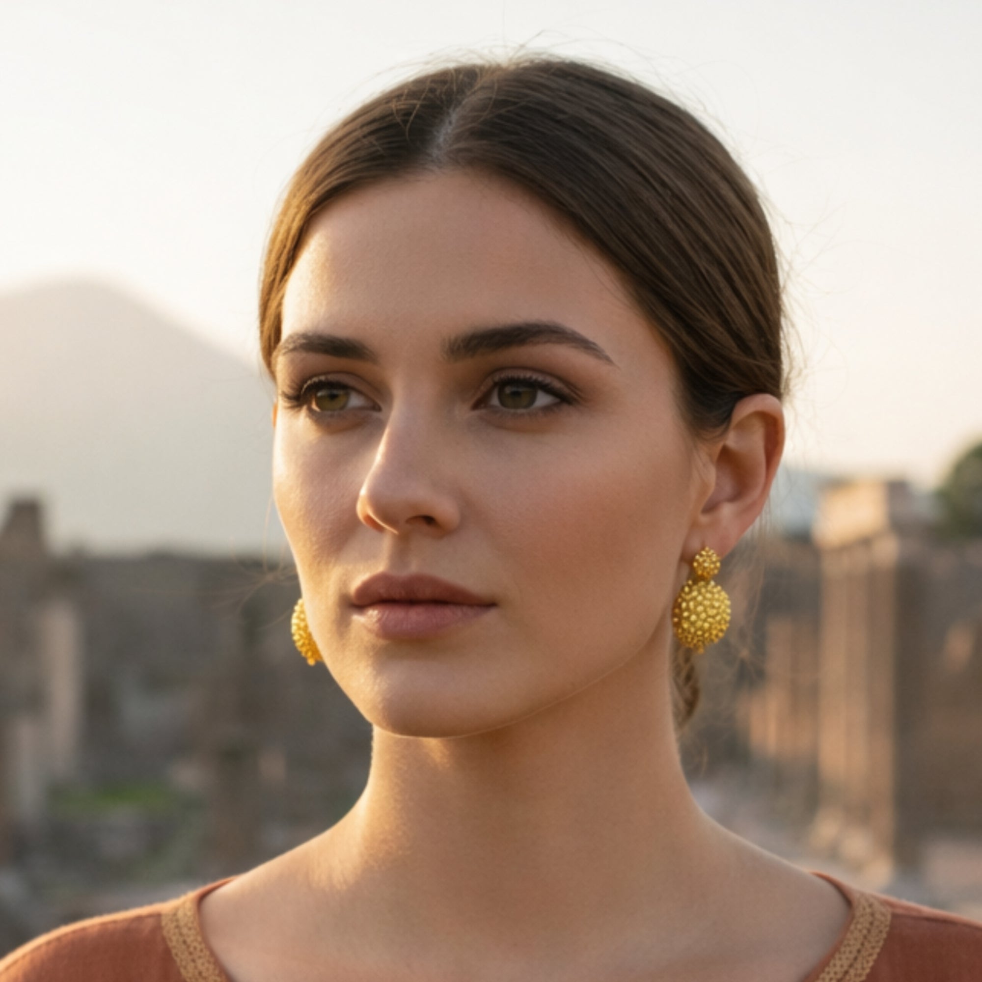 Modella che indossa orecchini pendenti in oro con granulazione alla luce naturale.