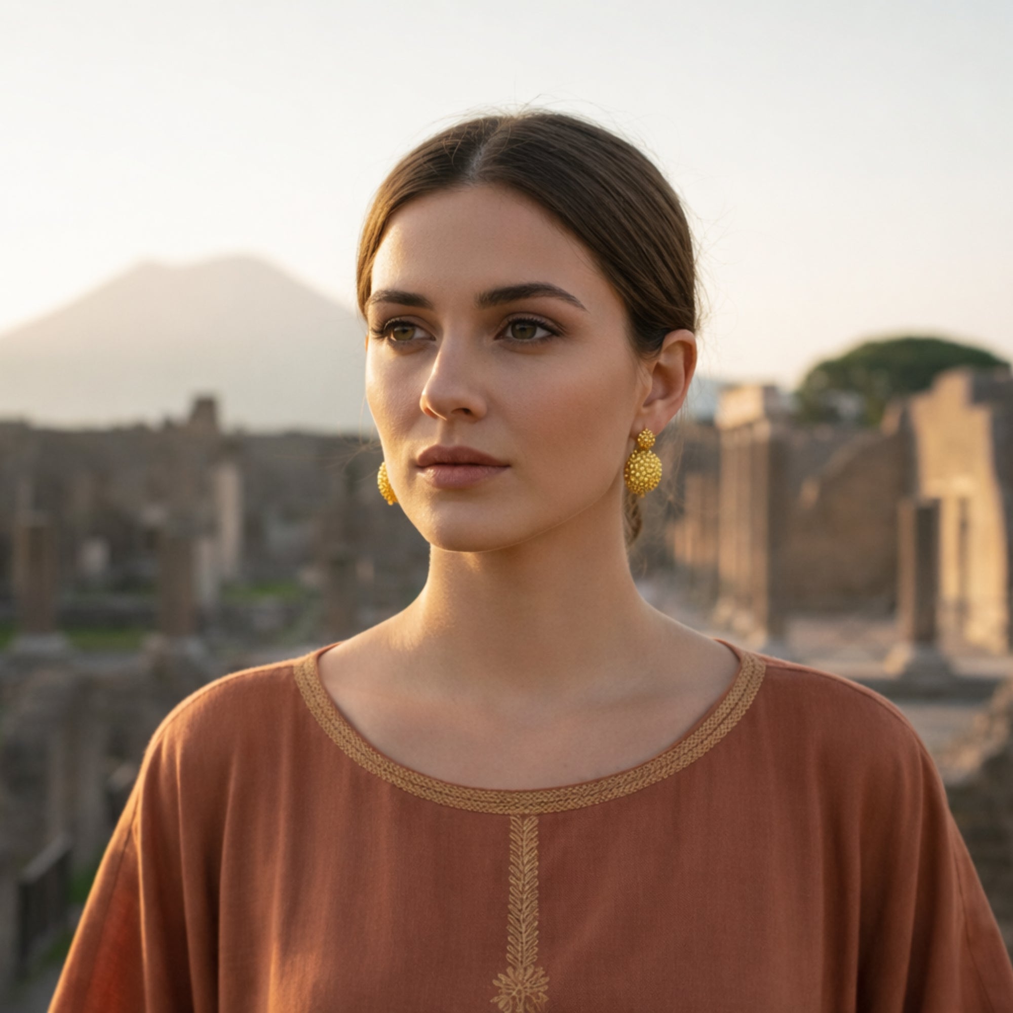 Modella con orecchini in oro vista laterale, con sfondo sfocato all’aperto.