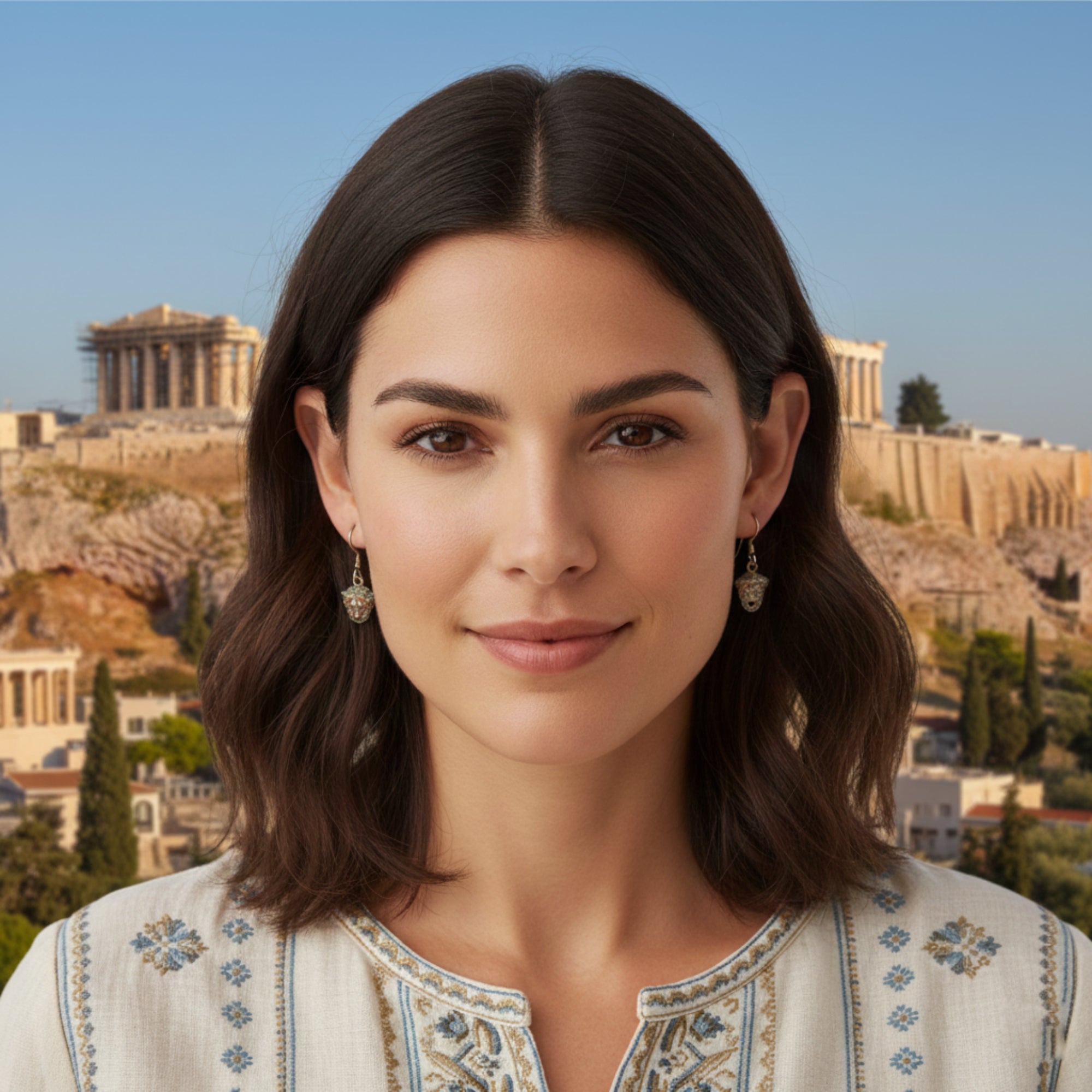 Greek Mask Earrings in Burnished Silver