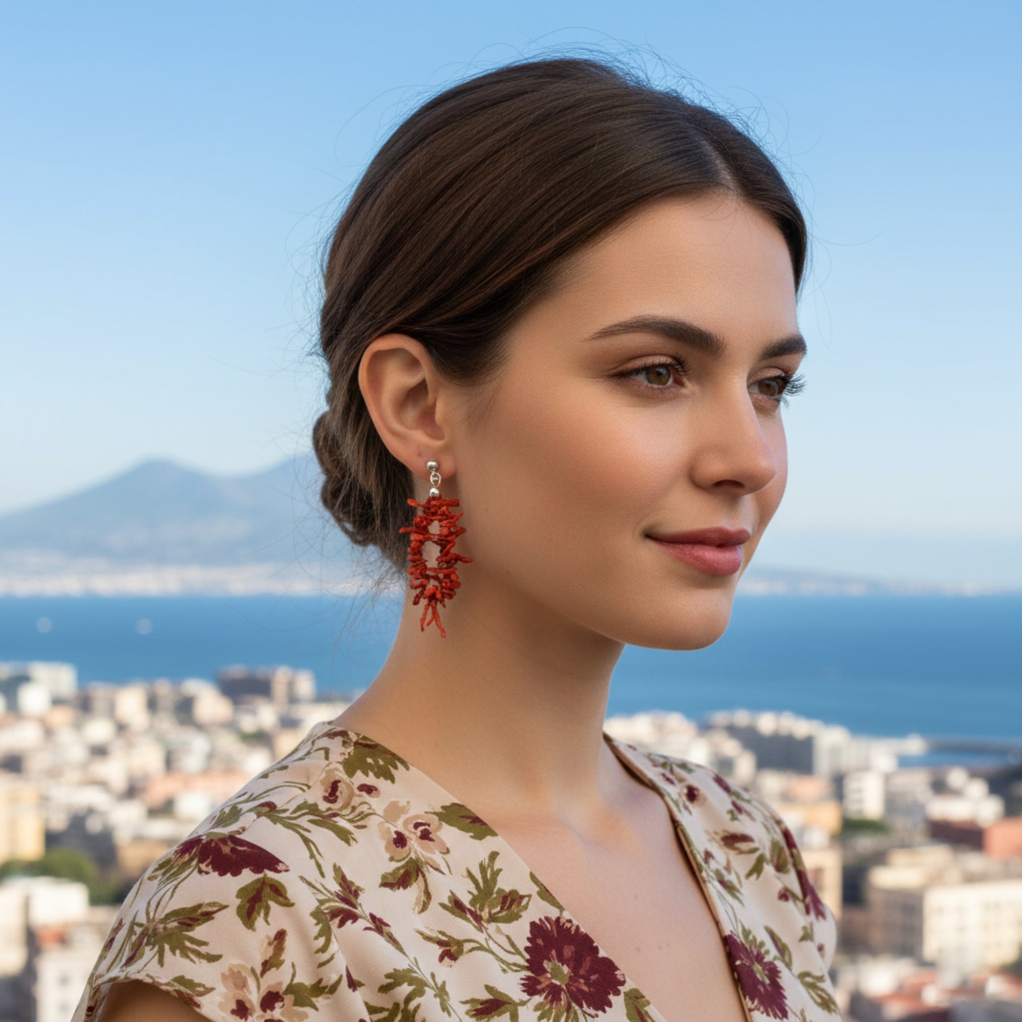 Boucles d'oreilles en écailles de corail rouge, fermeture en argent