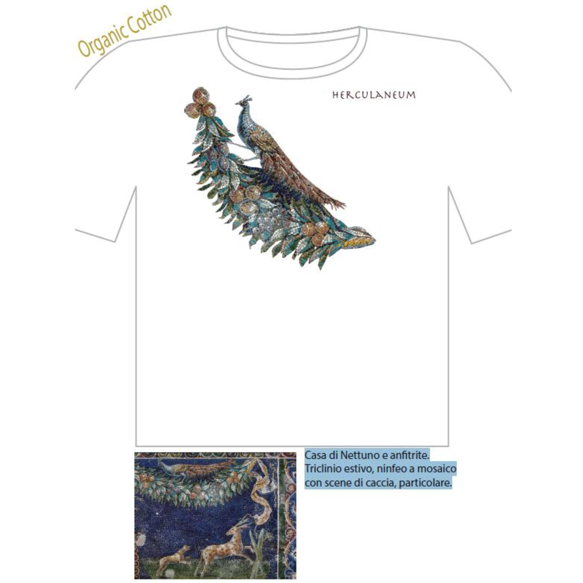 T-shirt uomo in cotone ispirata al pavone di Ercolano, simbolo di eleganza e eternità.