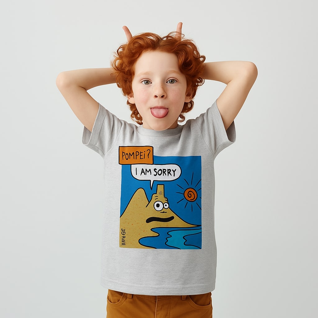 T-shirt bambino grigia con stampa “I Am Sorry” di Marassi ispirata a Pompei e al Vesuvio.