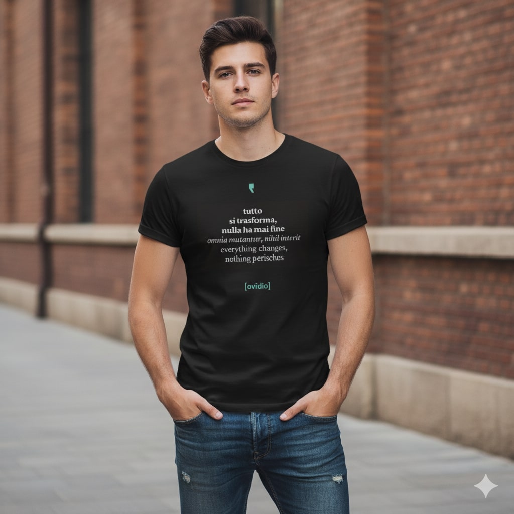 T-shirt da uomo “Ovidio Concettuale” con grafica artistica ispirata ai temi della poesia classica.