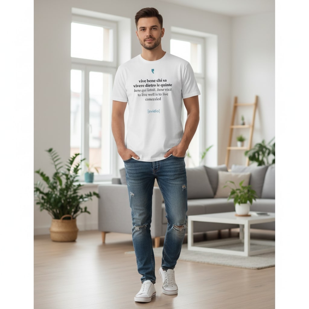 T-shirt da uomo “Ovidio Concettuale” con grafica artistica ispirata ai temi della poesia classica.