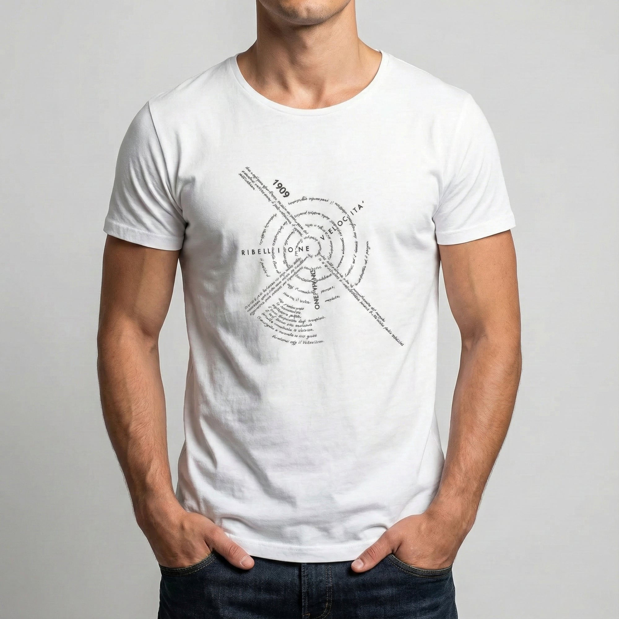 T-shirt uomo in cotone con stampa artistica ispirata al Futurismo italiano.