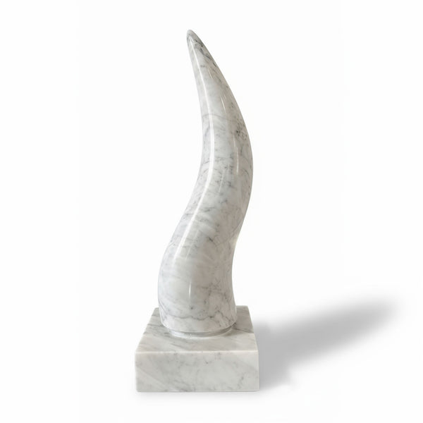 Neapolitan Superstitious Horn in Carrara Marble 29 cm with Base in Lava Basalt – Design Amulet Made in Italy