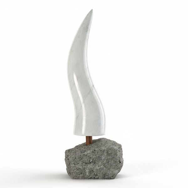 Neapolitan Superstitious Horn in Carrara Marble 29 cm with Base in Lava Basalt – Design Amulet Made in Italy