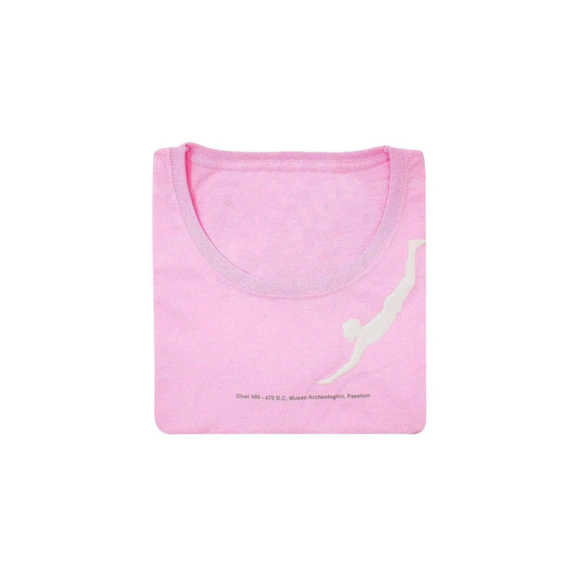 T Shirt da donna rosa chiaro con stampa del tuffatore di Paestum piegata