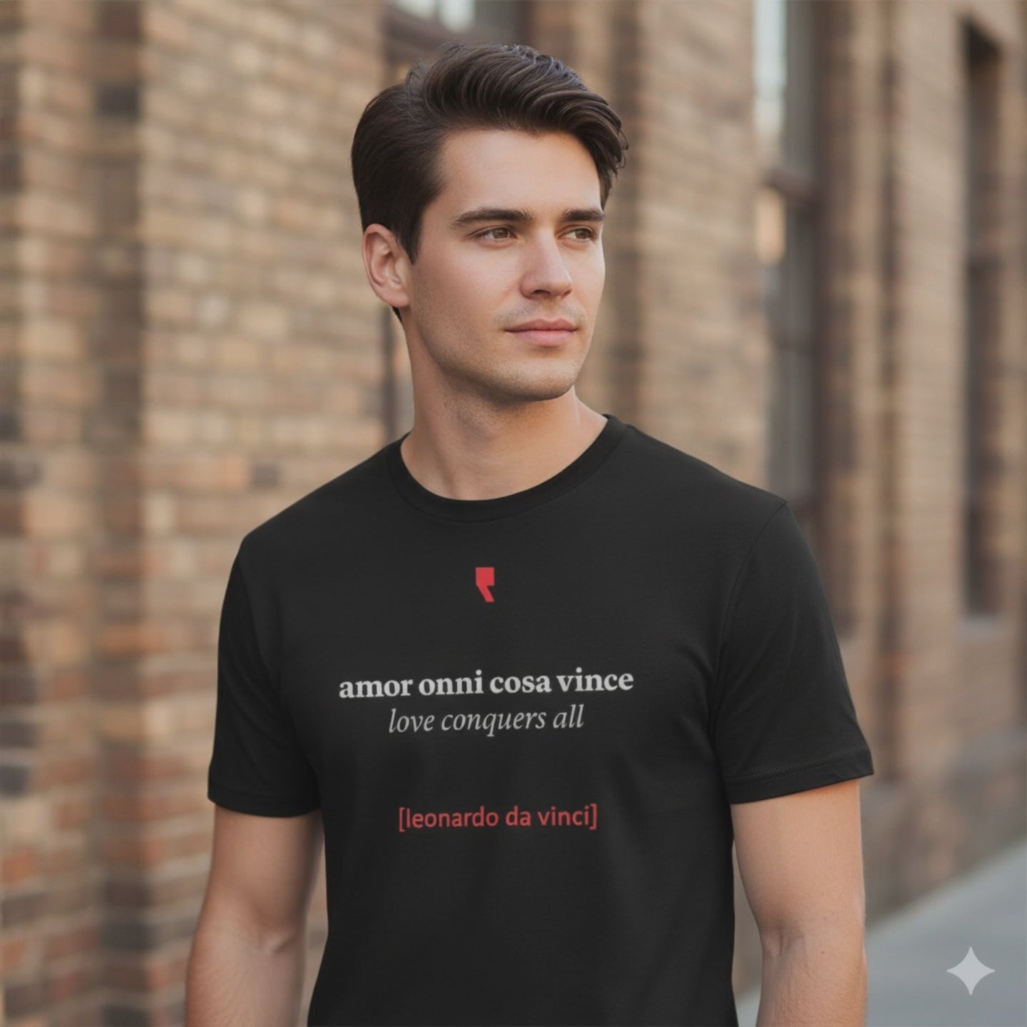 T-shirt minimalista ispirata a Leonardo da Vinci, con grafica semplice in stile rinascimentale.