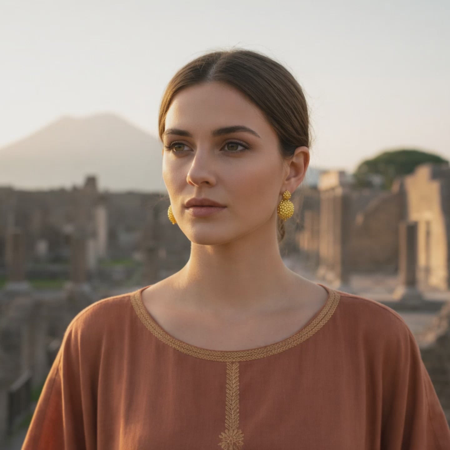 Video della modella che indossa orecchini in oro con granulazione, ripresi all’esterno per mostrare luce, movimento e dettagli.