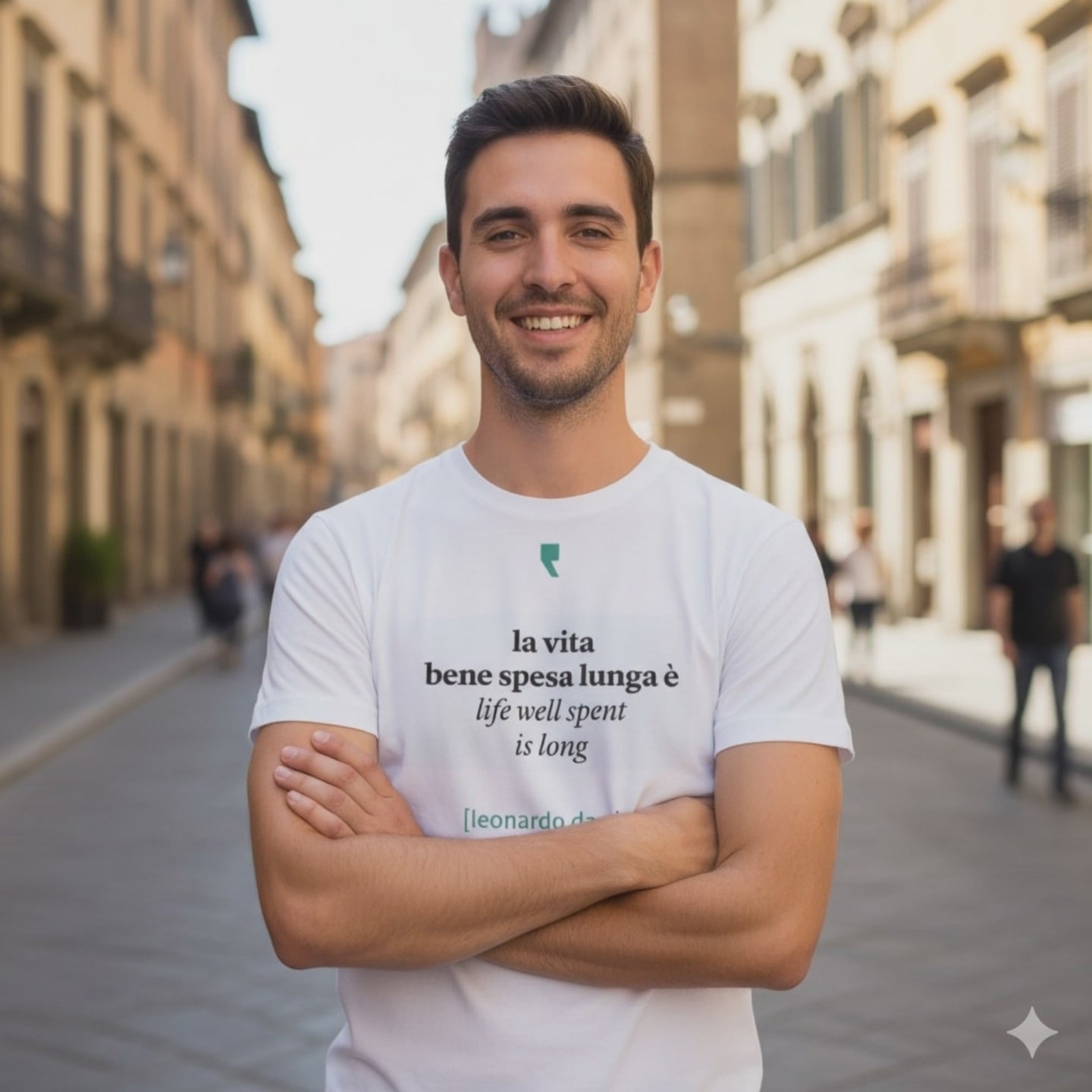 T-shirt minimalista ispirata a Leonardo da Vinci, con grafica semplice in stile rinascimentale.