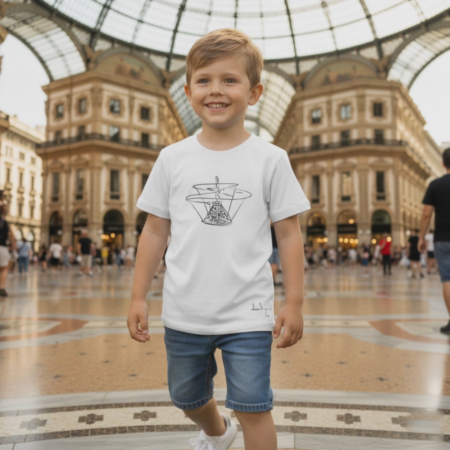T-shirt bambini ispirata a Leonardo da Vinci, tra arte e ingegneria.