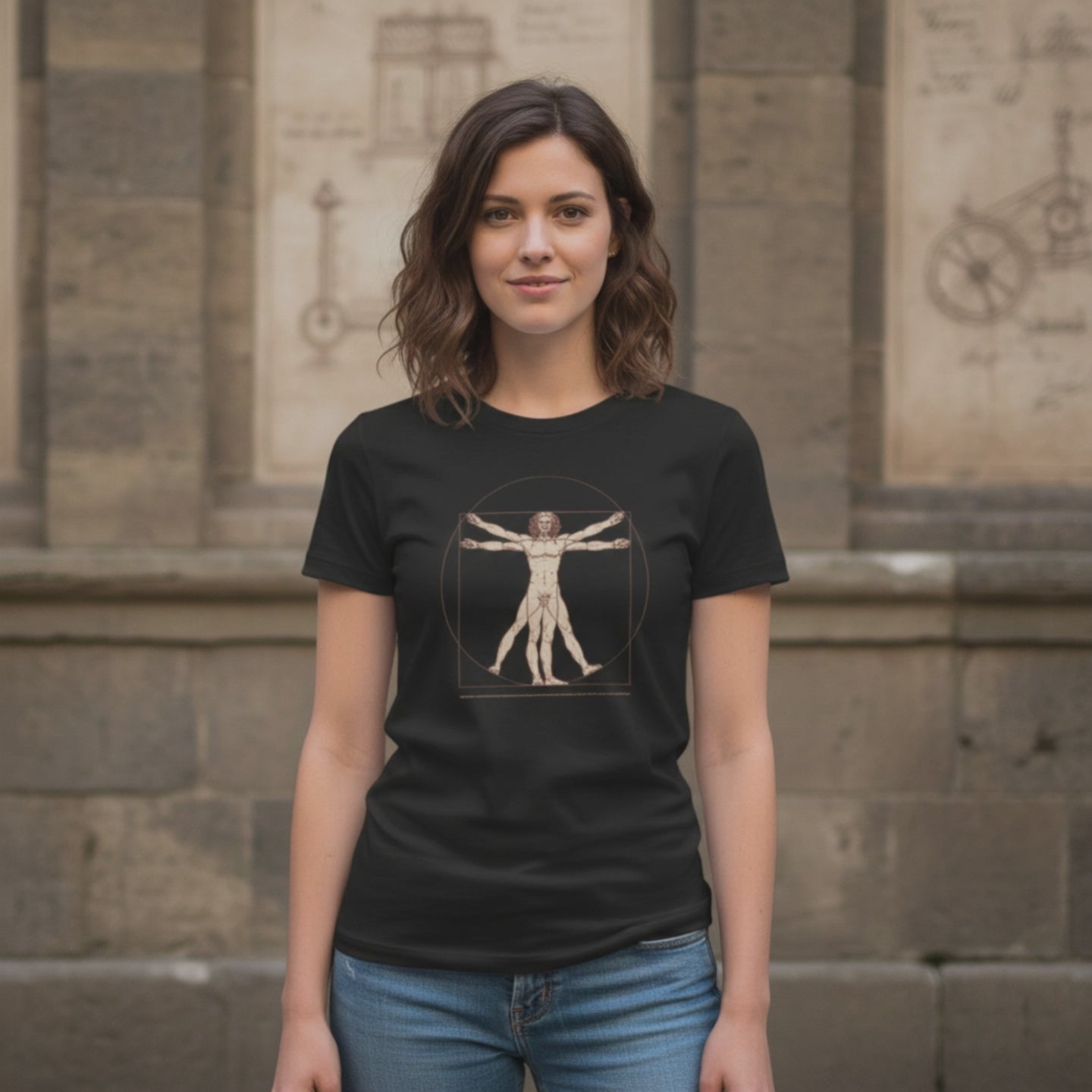 T Shirt donna bianca con stampa Uomo Vitruviano di Leonardo Da Vinci indossata