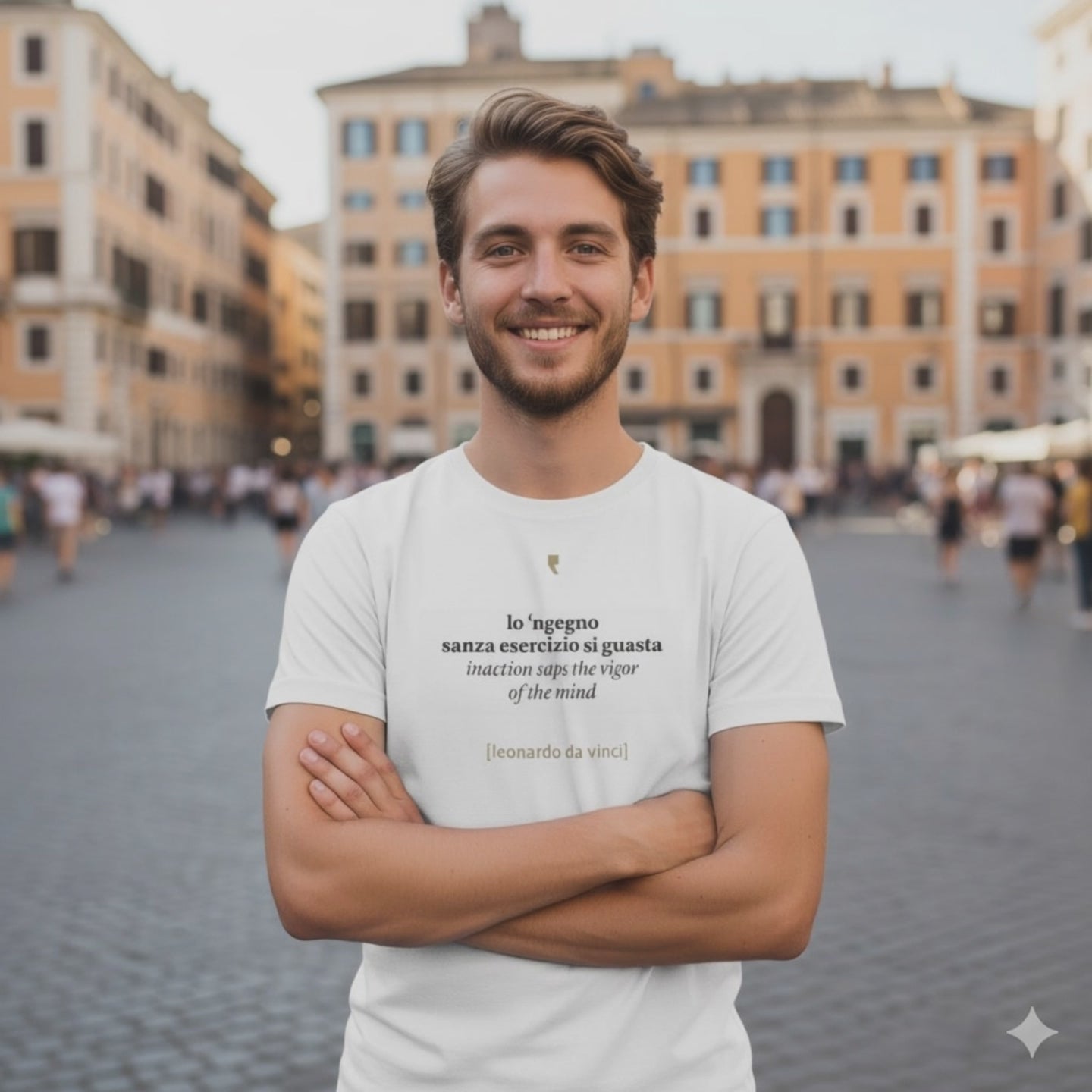 T-shirt minimalista ispirata a Leonardo da Vinci, con grafica semplice in stile rinascimentale.