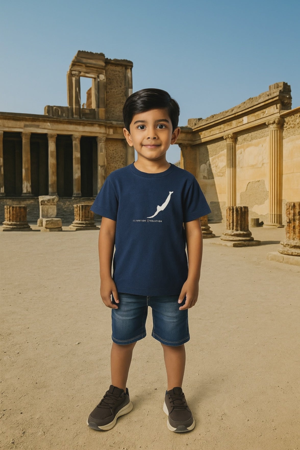 T Shirt bambini nera con stampa del tuffatore di Paestum indossata