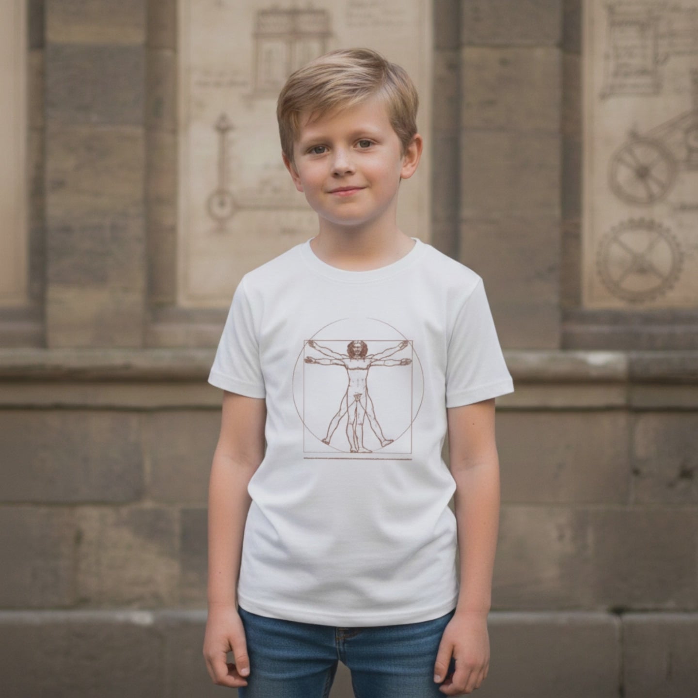 T-shirt bambino in cotone con stampa dell’Uomo Vitruviano di Leonardo da Vinci.