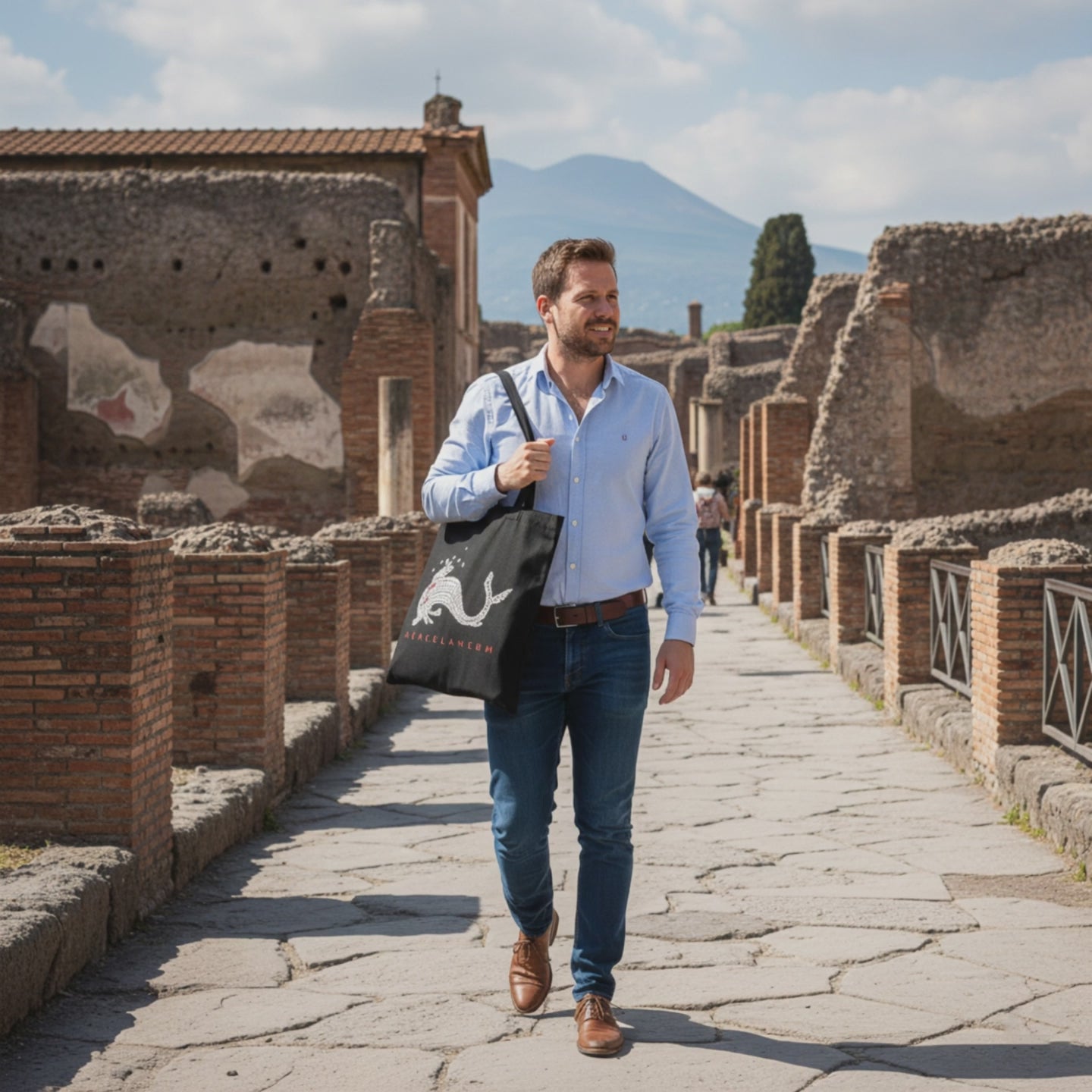 Borsa shopper Herculaneum con delfino in cotone nero
