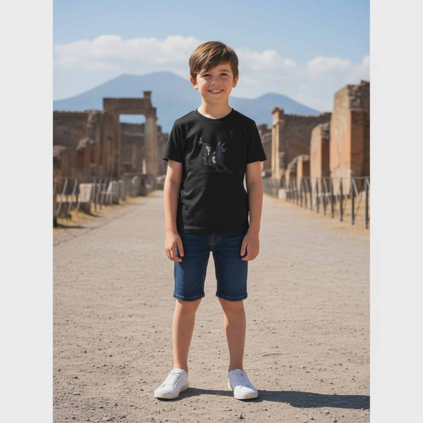T-shirt bambini in cotone con stampa “Cave Canem” ispirata al mosaico di Pompei.
