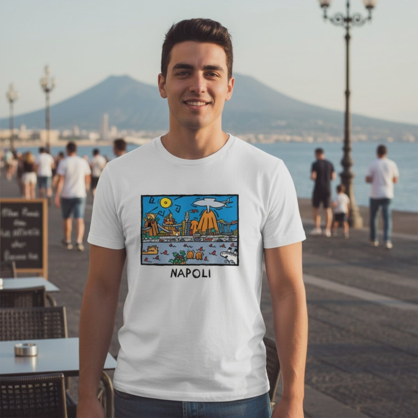 T-shirt in cotone con stampa ispirata all’arte di Alessandro Cocchia e ai colori di Napoli