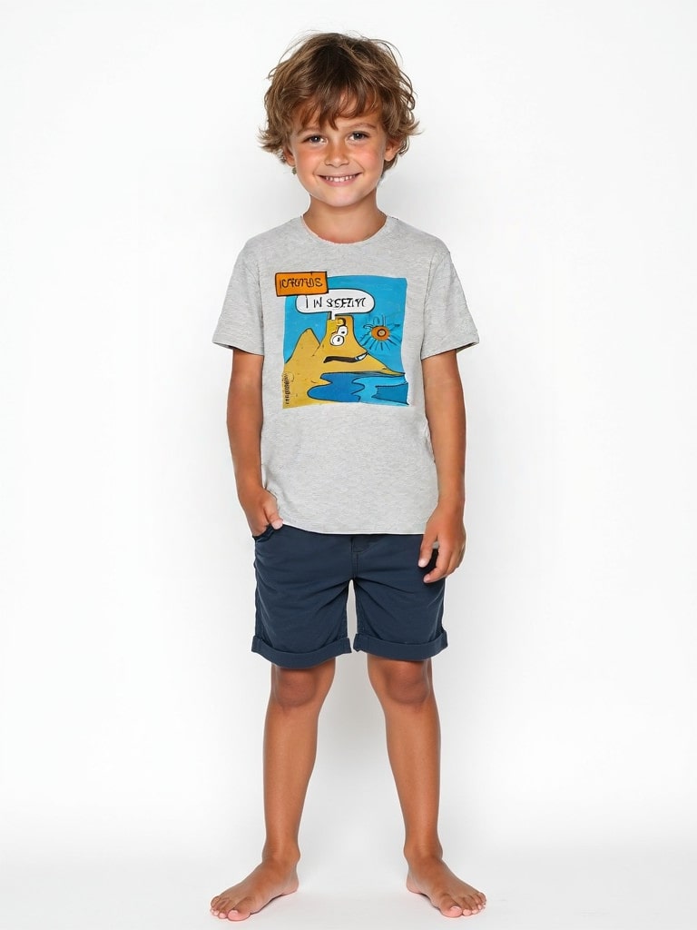 T-shirt bambino grigia con stampa “I Am Sorry” di Marassi ispirata a Pompei e al Vesuvio.