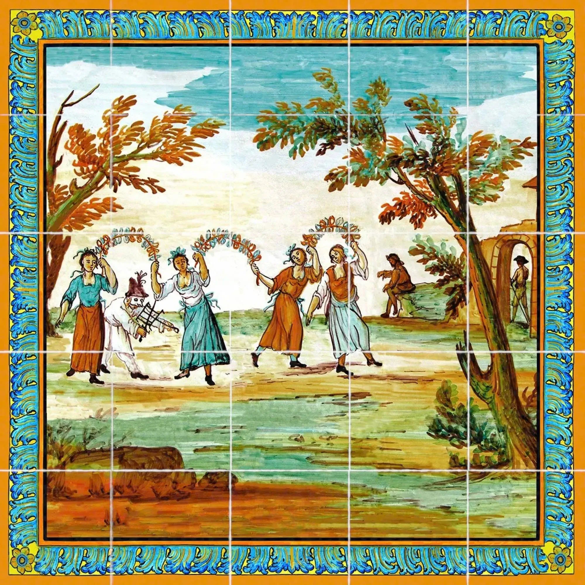 Piastrella di Santa Chiara con scena di pulcinella