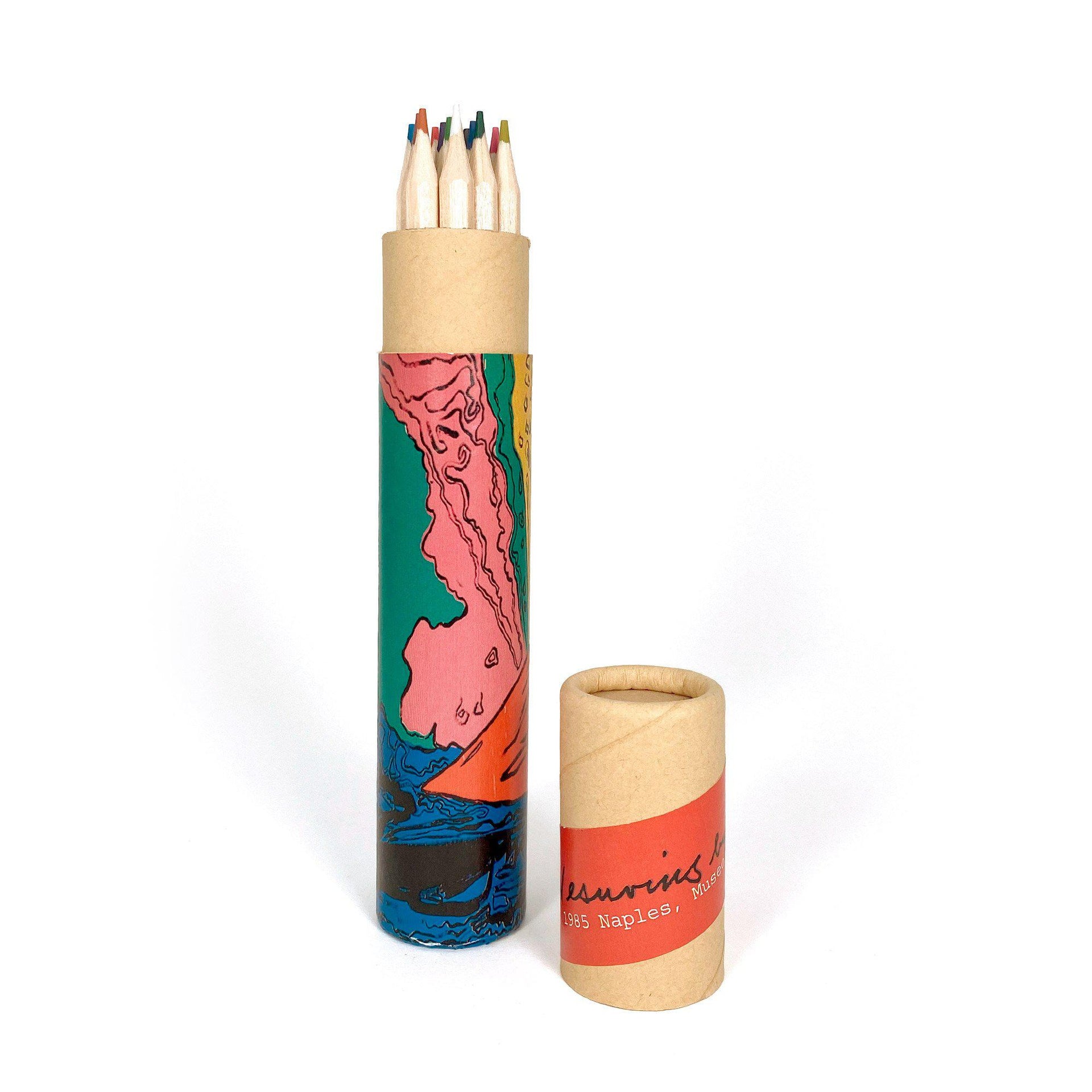 Scatola di matite colorate con grafica Pop Art del Vesuvio – ispirazione da Andy Warhol (1985)