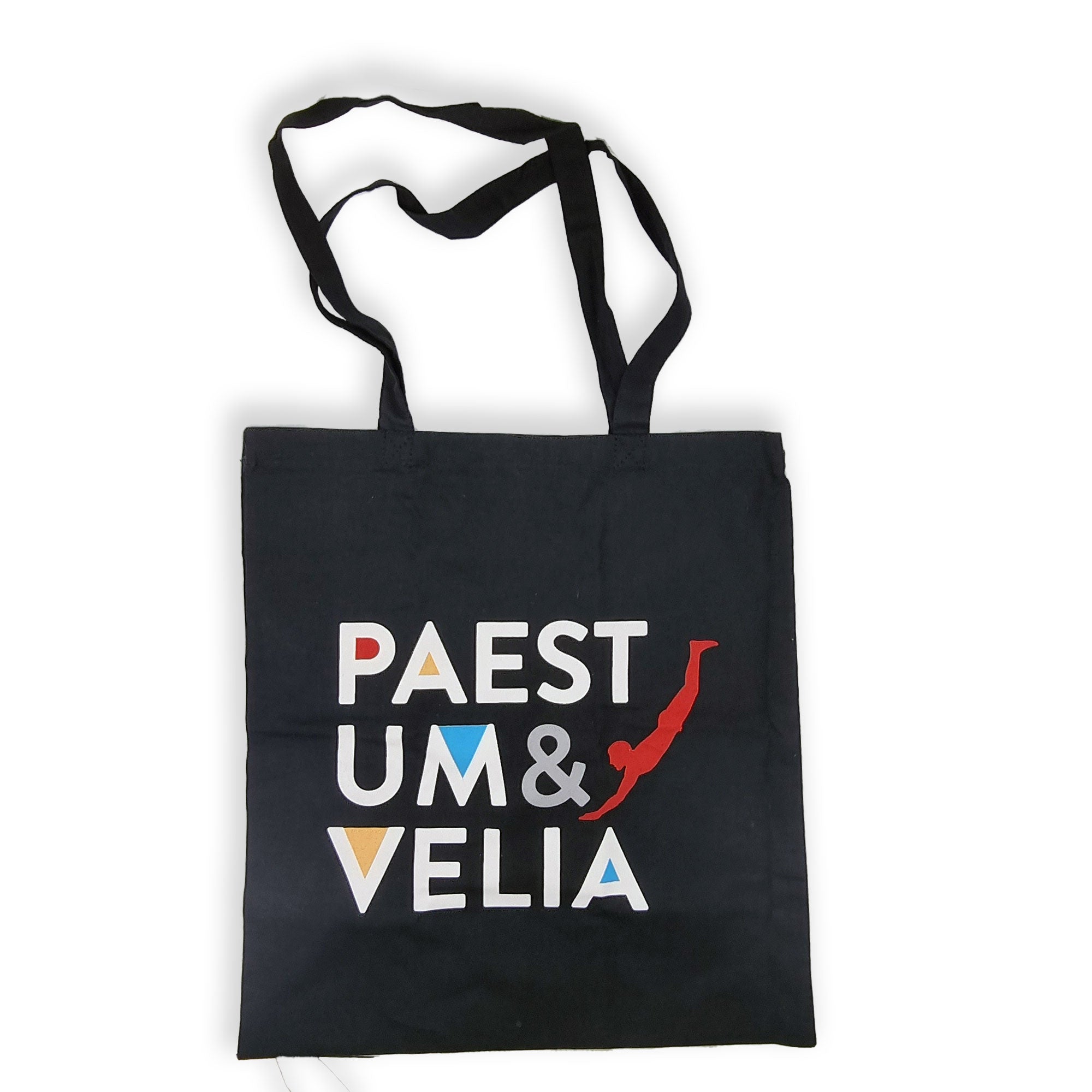 Vista frontale della shopper nera Paestum & Velia – borsa artistica ispirata ai siti archeologici greci