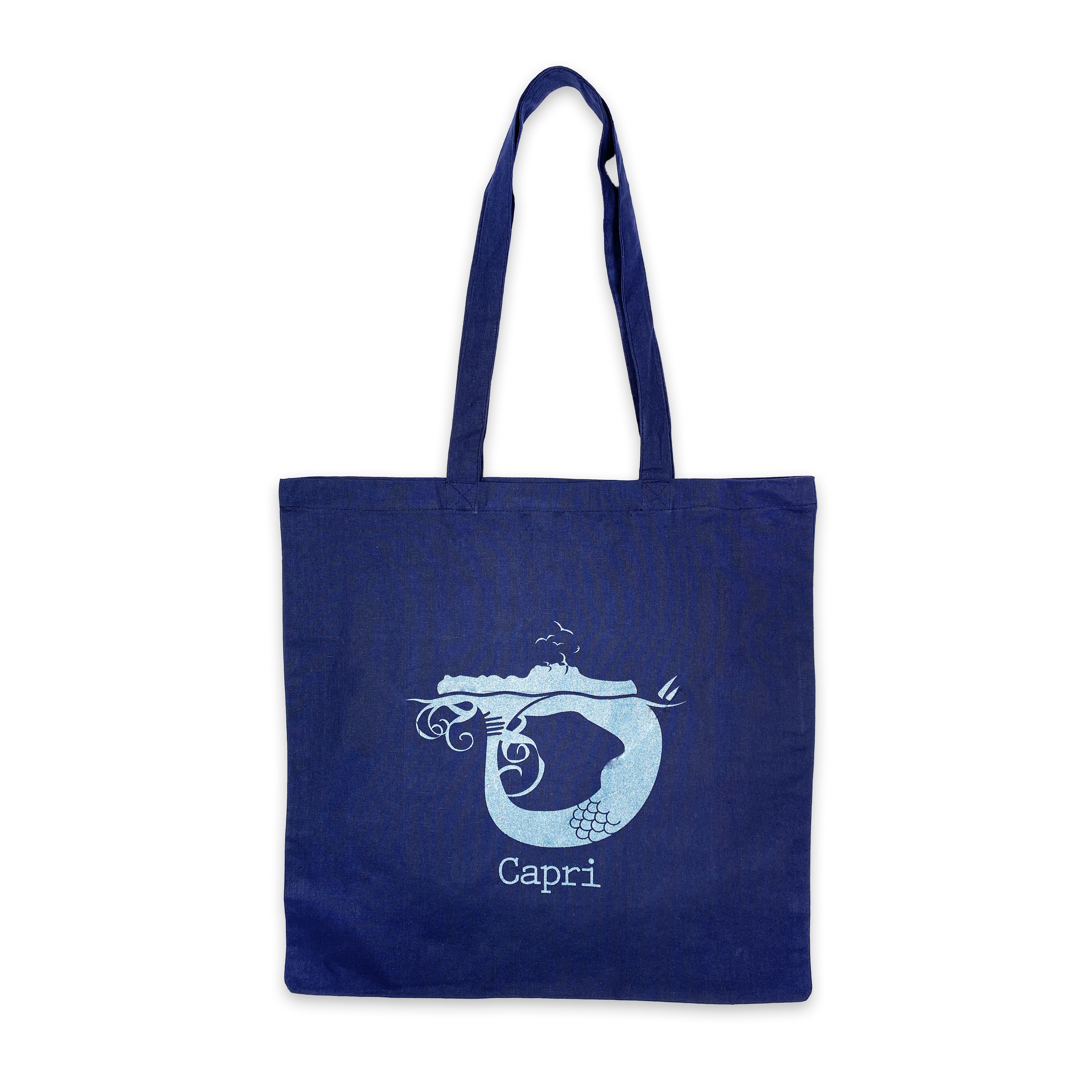Vista frontale della borsa shopper Capri in cotone blu – stile mediterraneo e design sostenibile