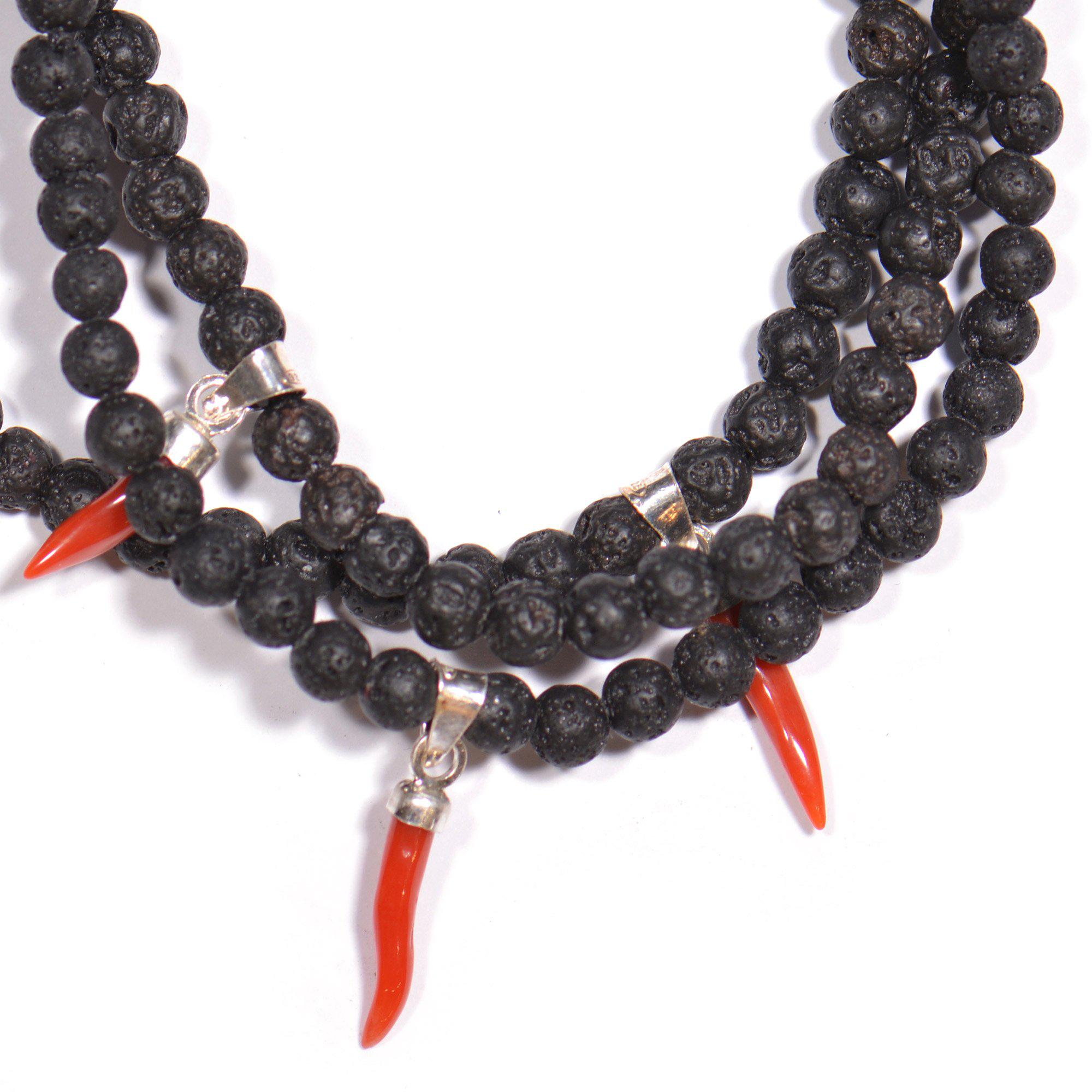 Bracciale Corno Portafortuna, Pietra Lavica ed Argento 925