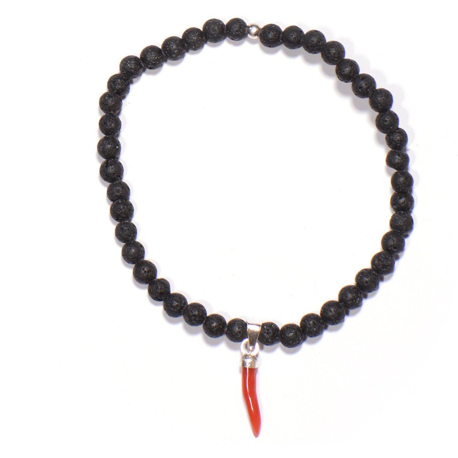 Bracciale Corno Portafortuna, Pietra Lavica ed Argento 925