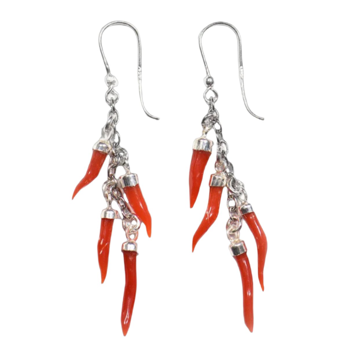Earrings lucky horn red coral and silver 925