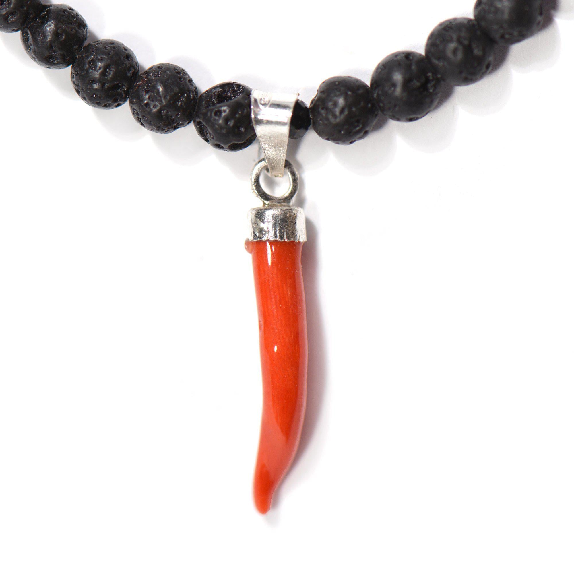 Red coral necklace, lava stone and onyx