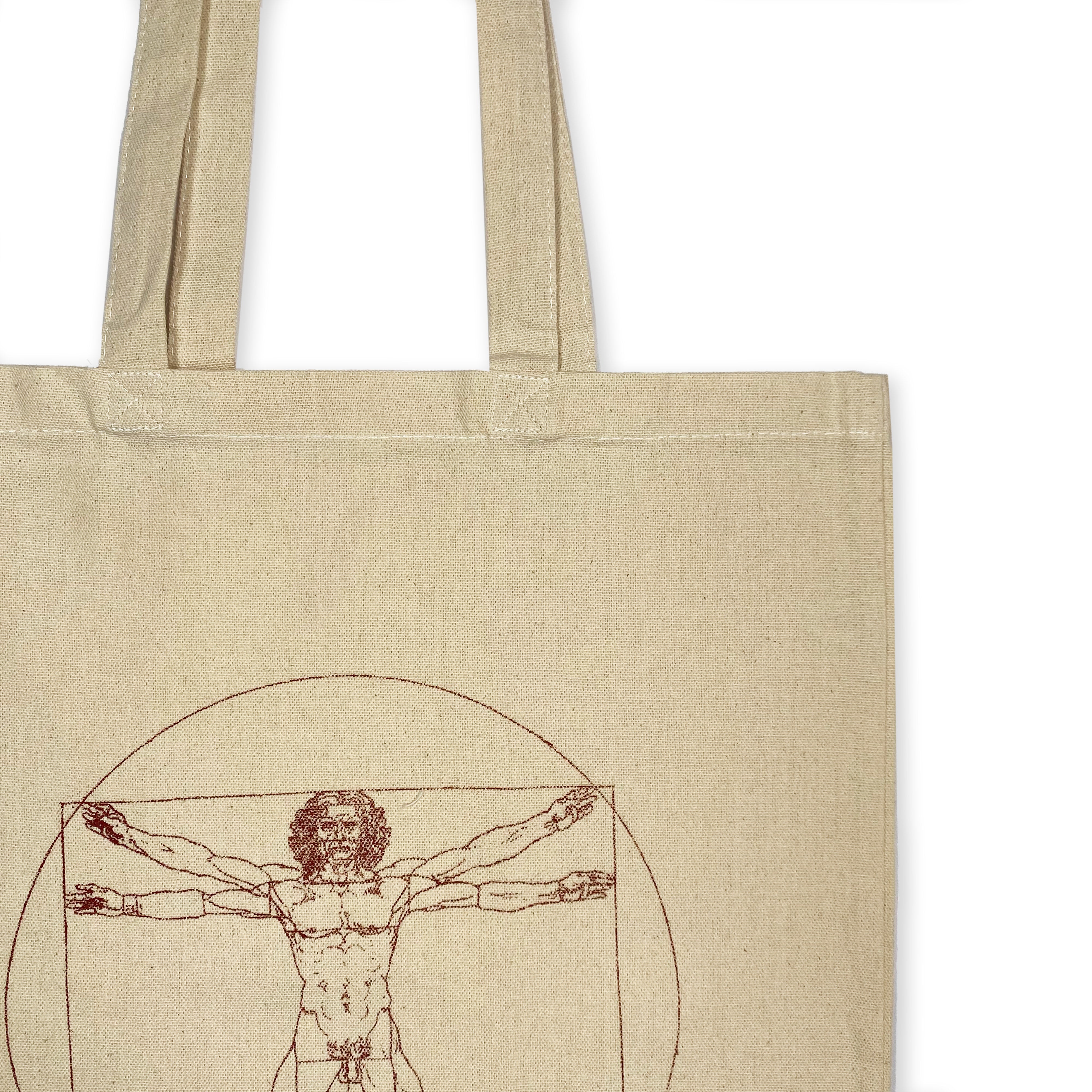 Dettaglio stampa Uomo Vitruviano su borsa shopper in stile rinascimentale