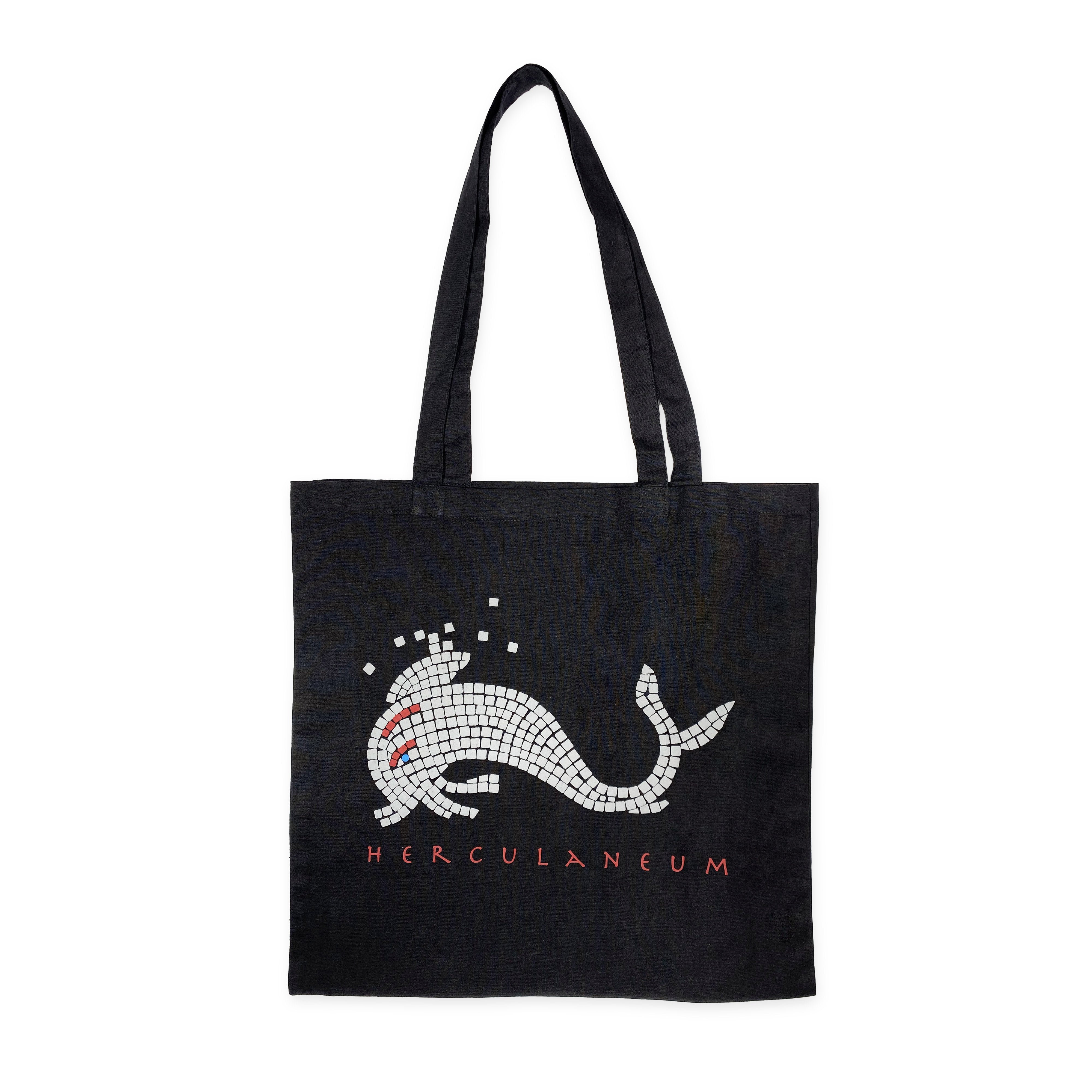 Vista frontale della borsa shopper Herculaneum con delfino – design artistico su cotone nero