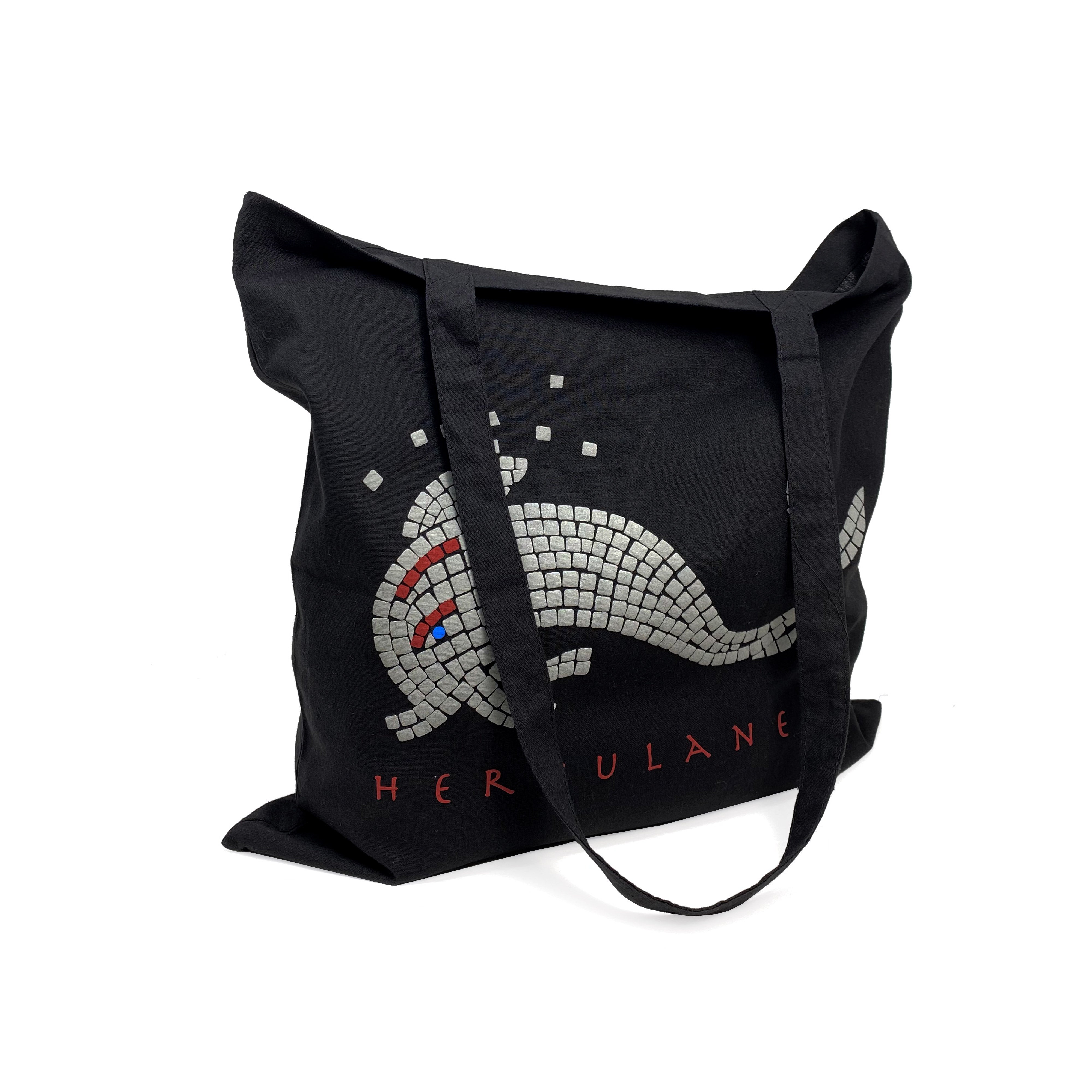 Shopper Herculaneum in cotone nero con stampa delfino ispirata all’arte romana – borsa riutilizzabile eco-friendly