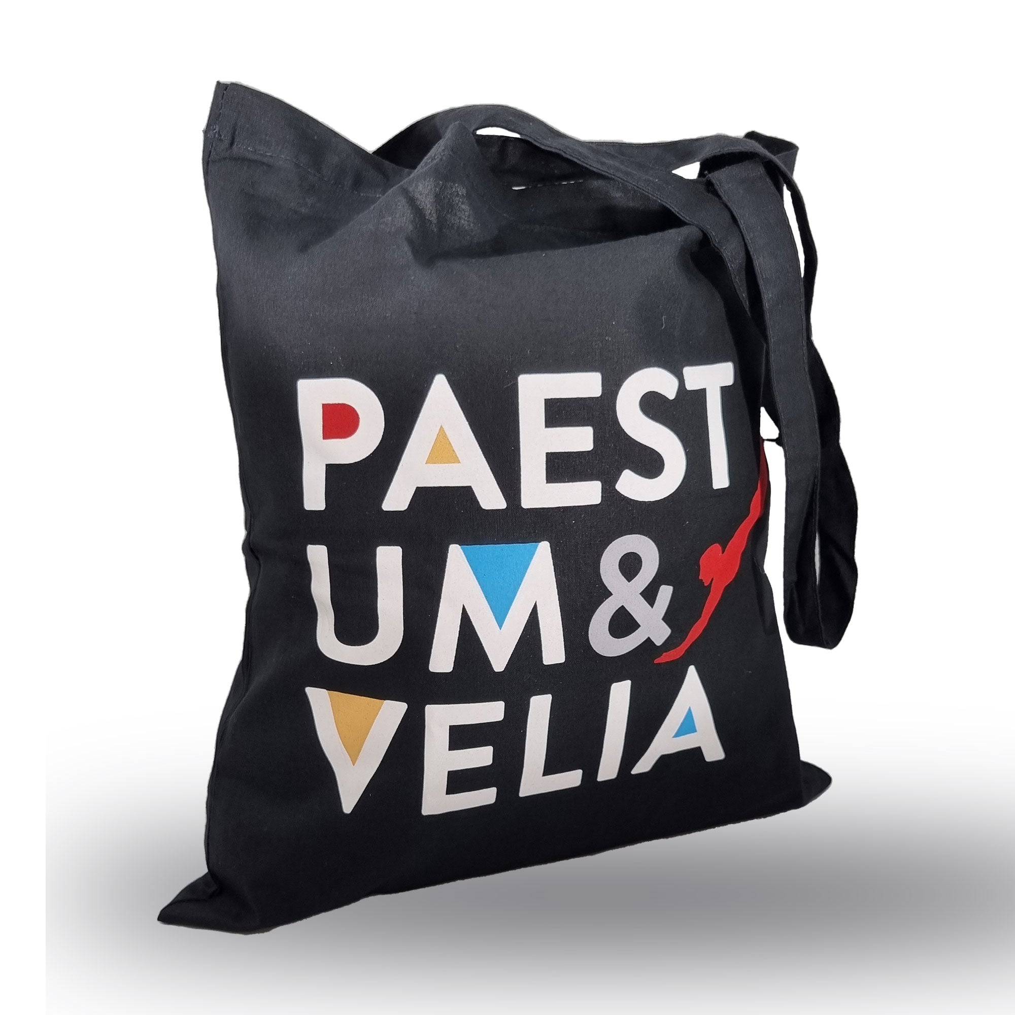 Shopper Paestum & Velia in cotone nero con stampa archeologica – borsa riutilizzabile eco-friendly