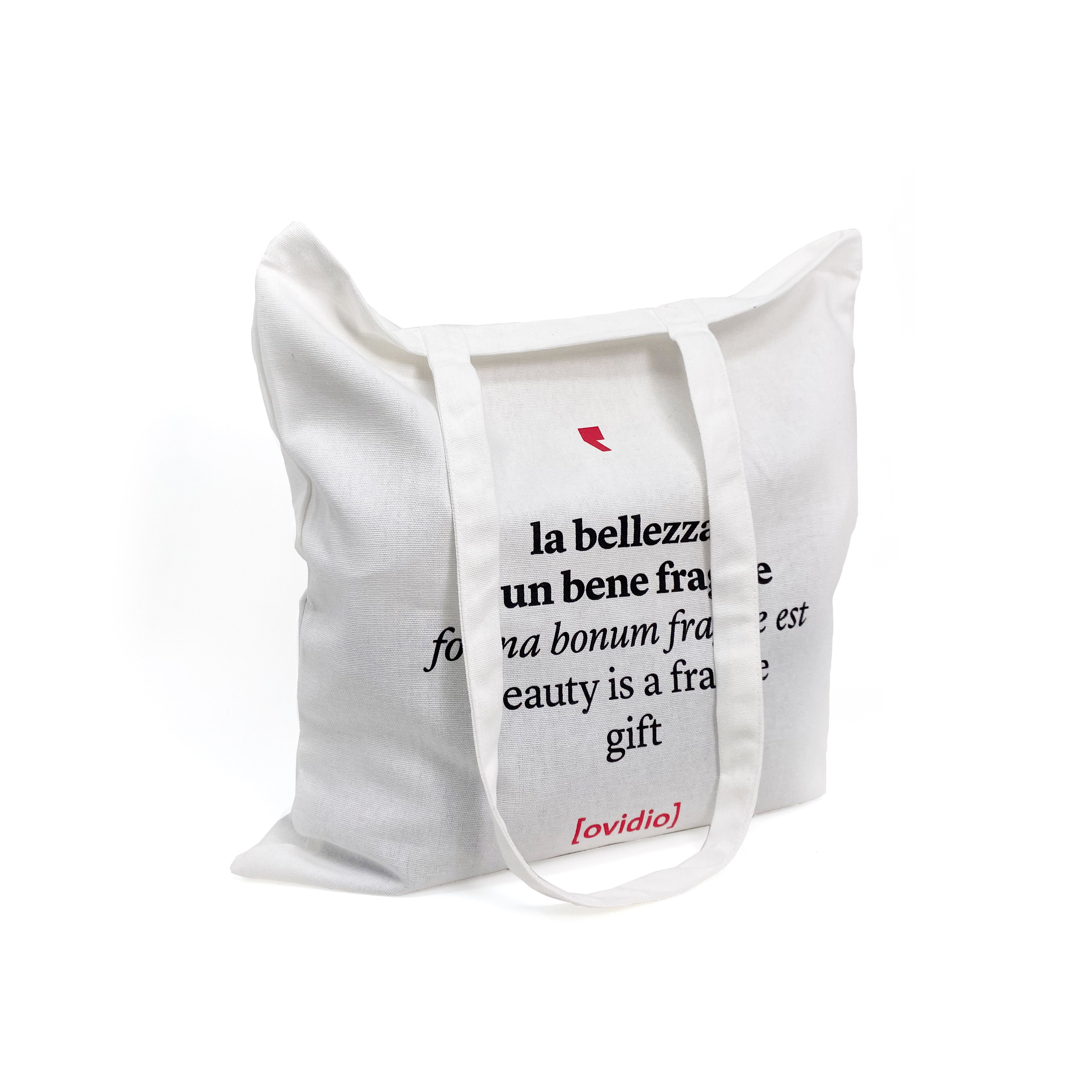 Shopper bianca in cotone con frase di Ovidio “La bellezza è un bene fragile” – borsa eco-friendly elegante e minimal