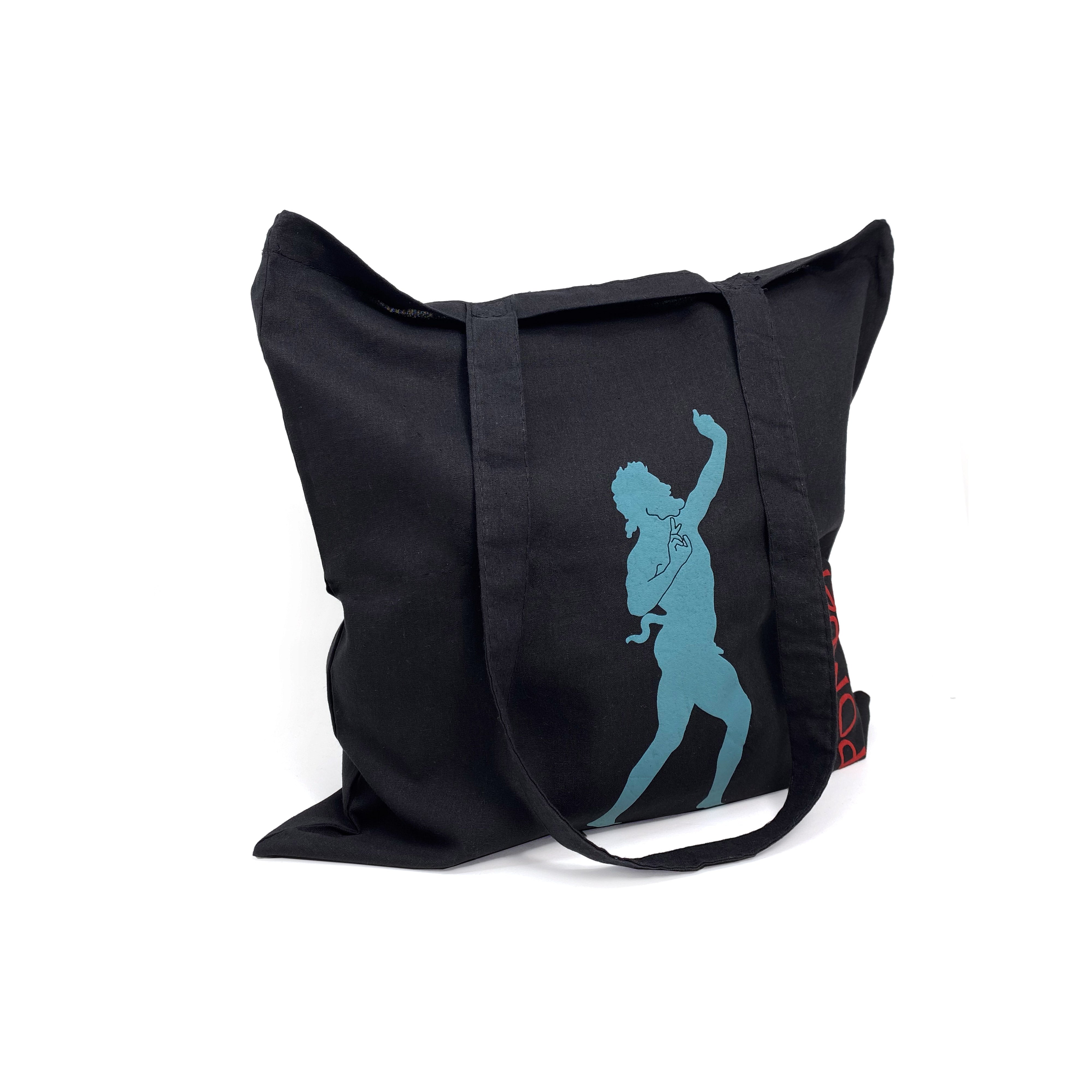 Shopper Fauno Danzante in cotone nero con stampa ispirata alla statua di Pompei – borsa riutilizzabile eco-friendly