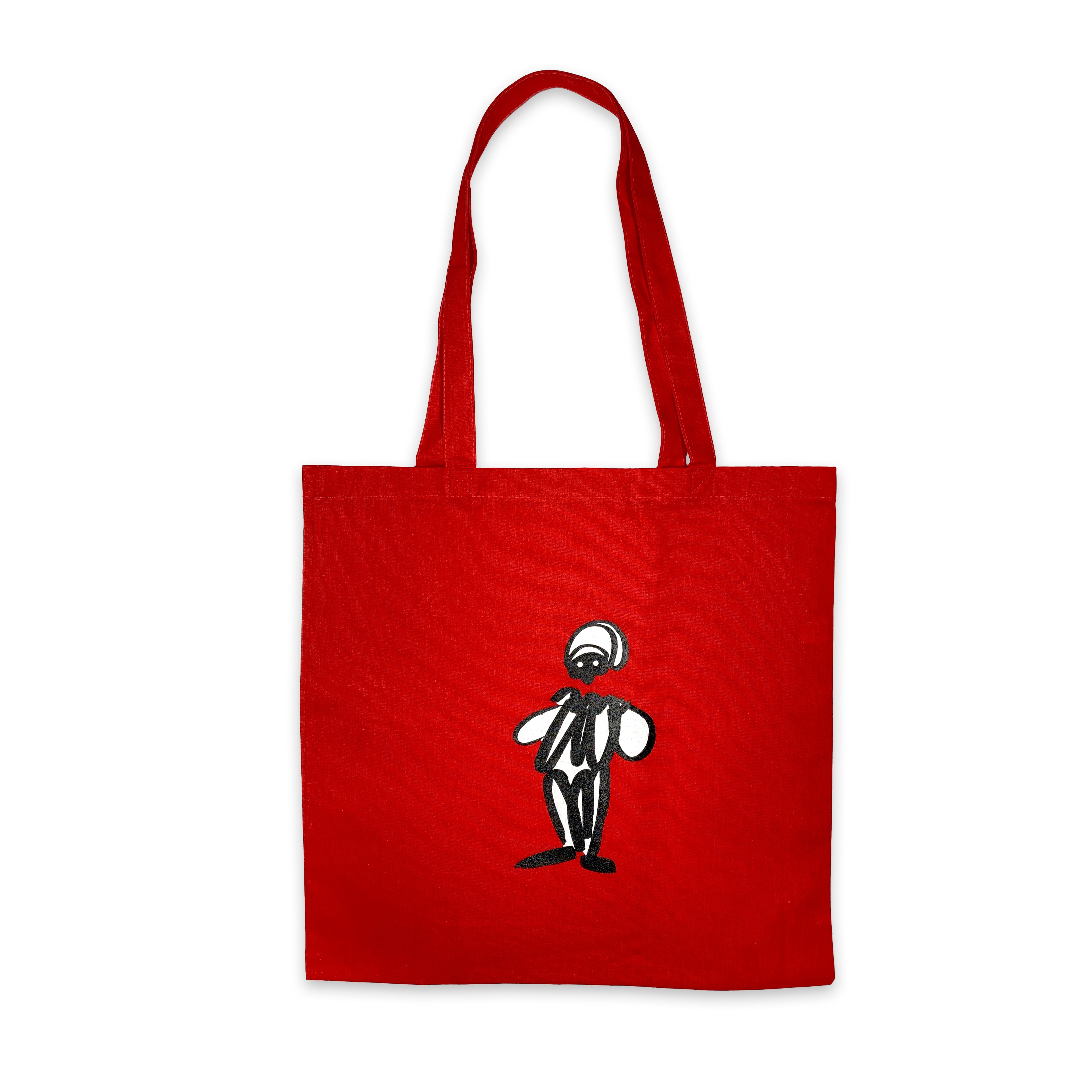 Vista frontale della shopper Pulcinella in cotone rosso con stampa artistica della maschera napoletana – borsa riutilizzabile eco-friendly