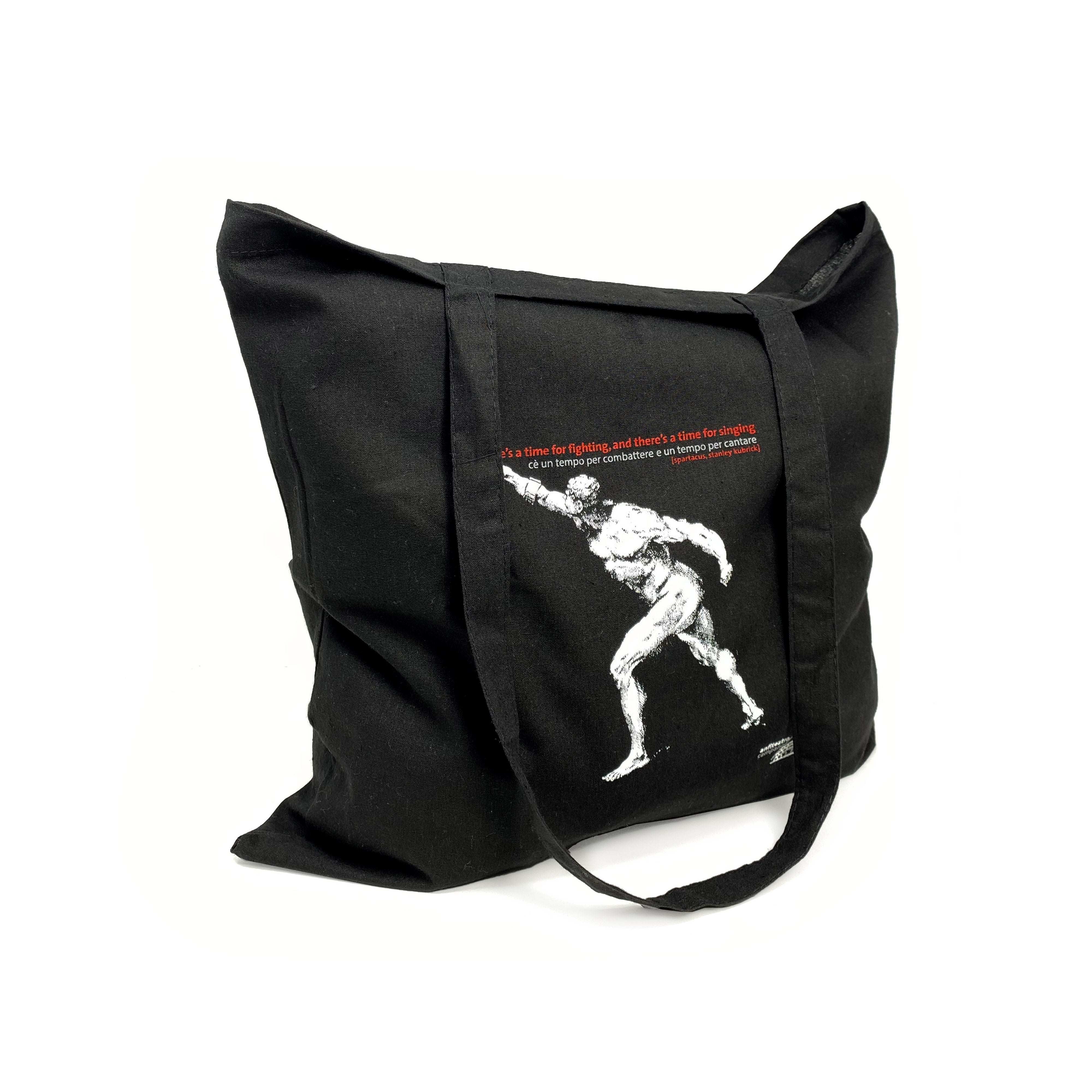 Shopper Spartacus in cotone nero con stampa artistica del gladiatore romano – borsa riutilizzabile eco-friendly